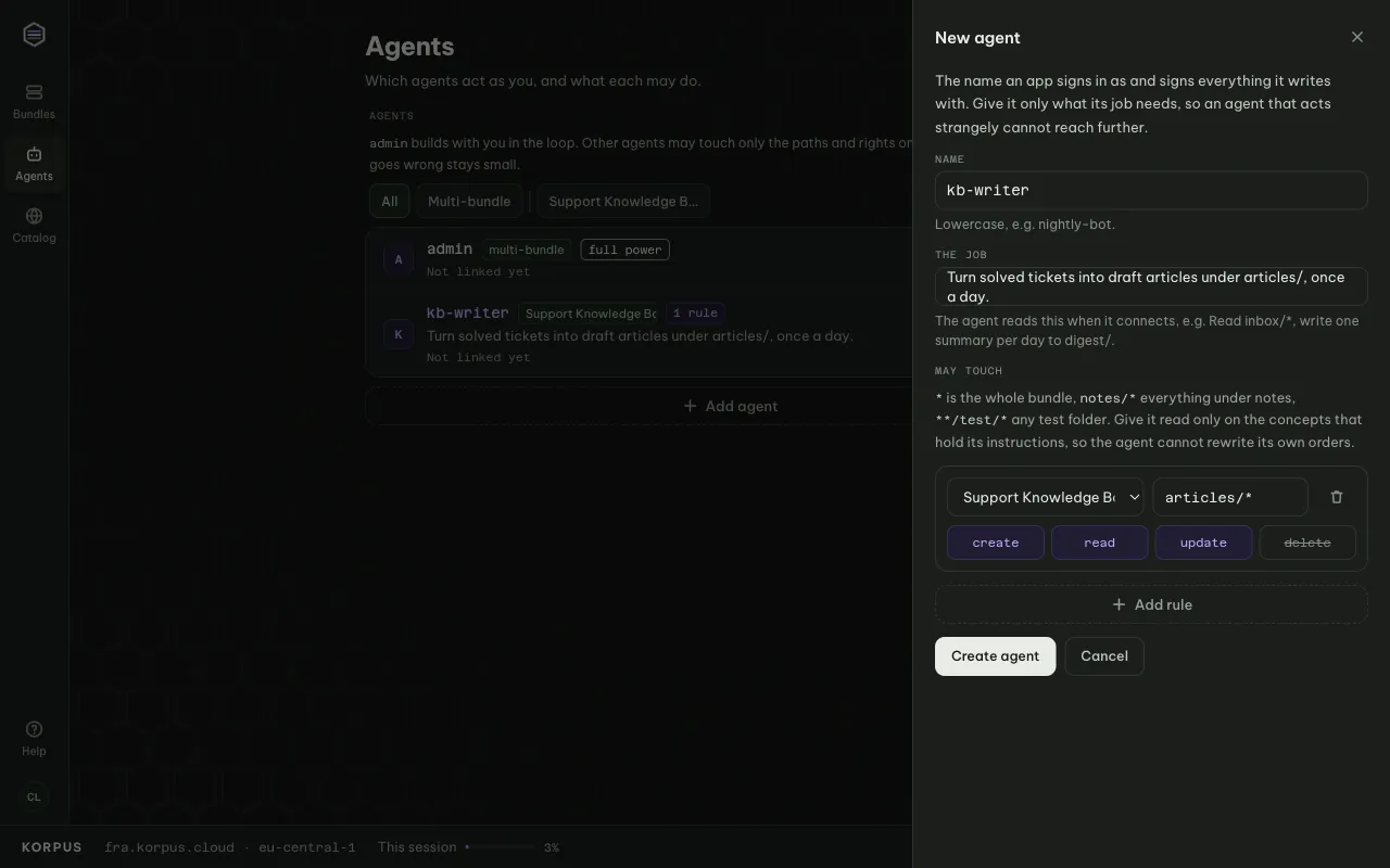 Adding an agent: its name, its job, and the rules for what it may touch