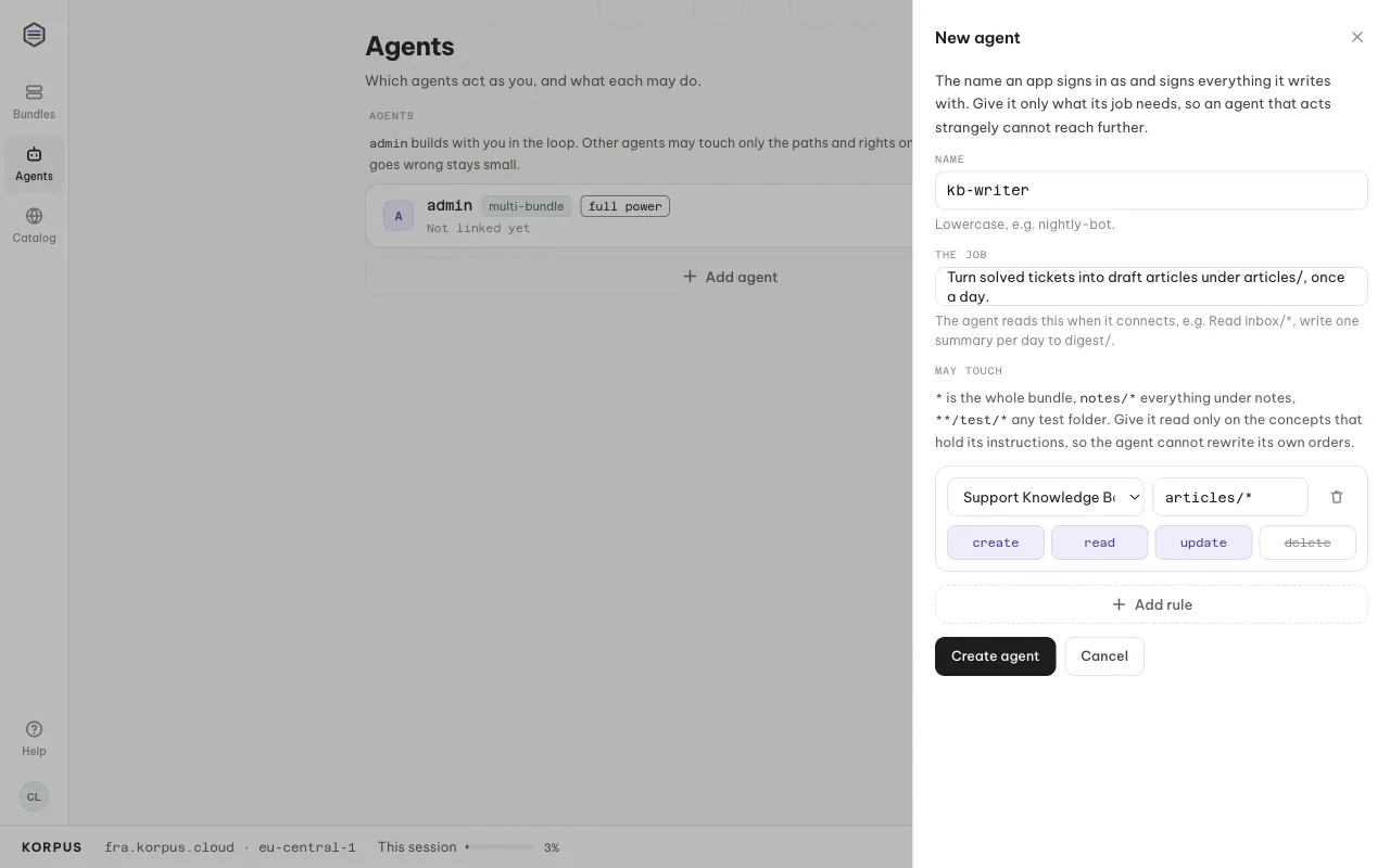 Adding an agent: its name, its job, and the rules for what it may touch