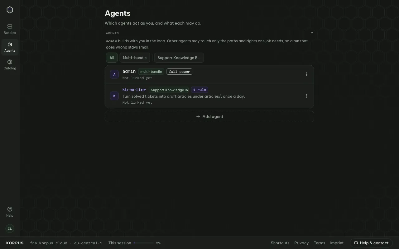 The Agents page: the built-in me agent and restricted agents with their rules