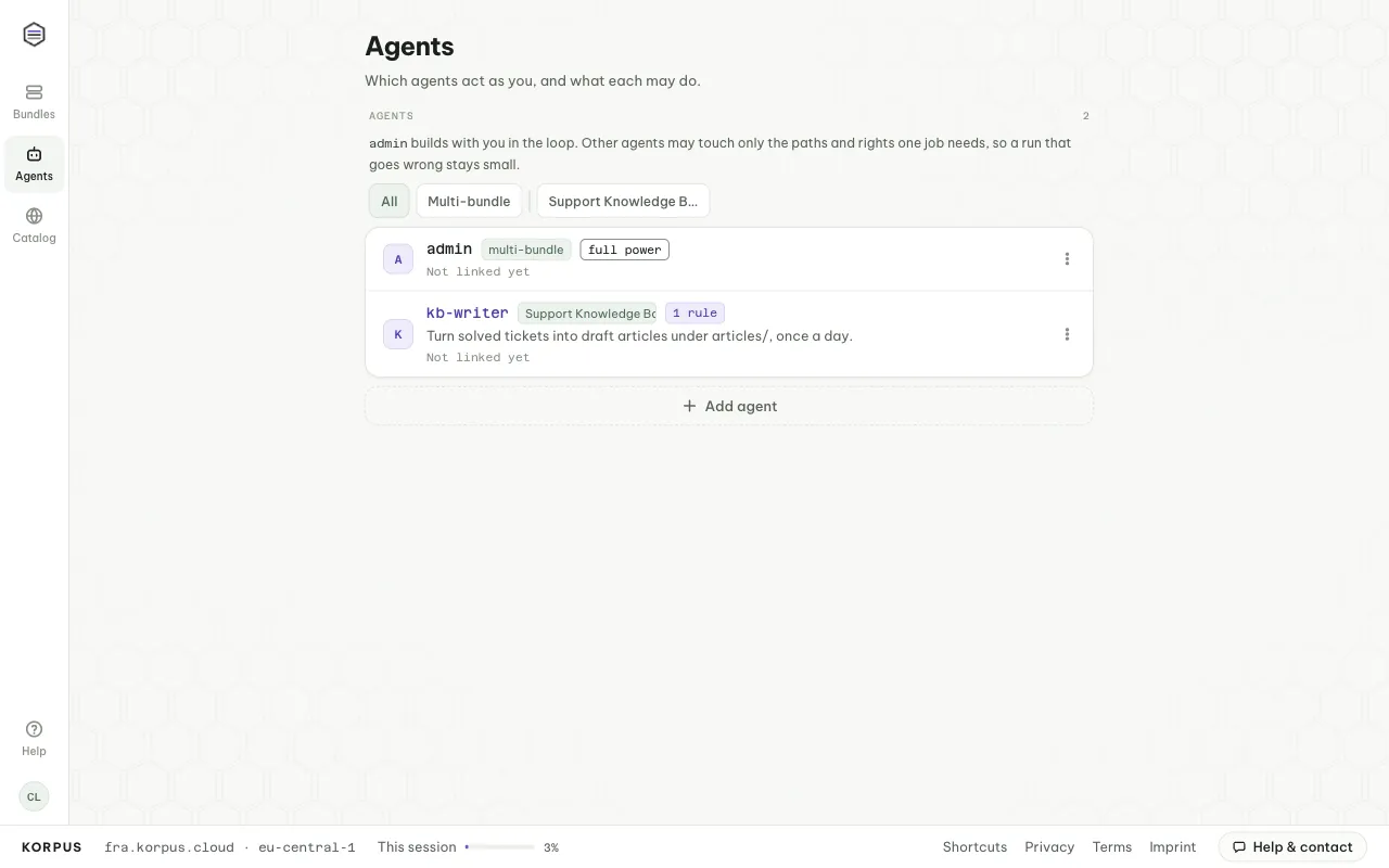 The Agents page: the built-in me agent and restricted agents with their rules