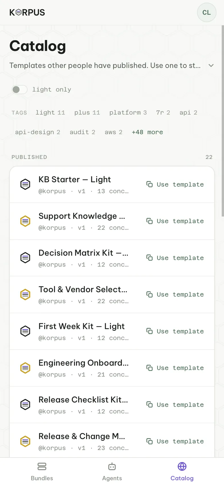 The catalog: published templates, each with Use template
