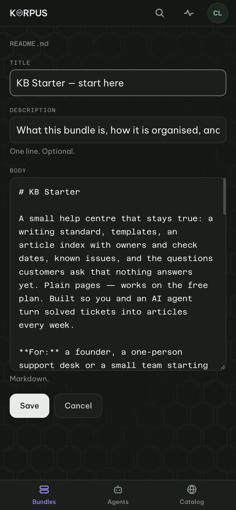 Editing a concept: title, description and the markdown body