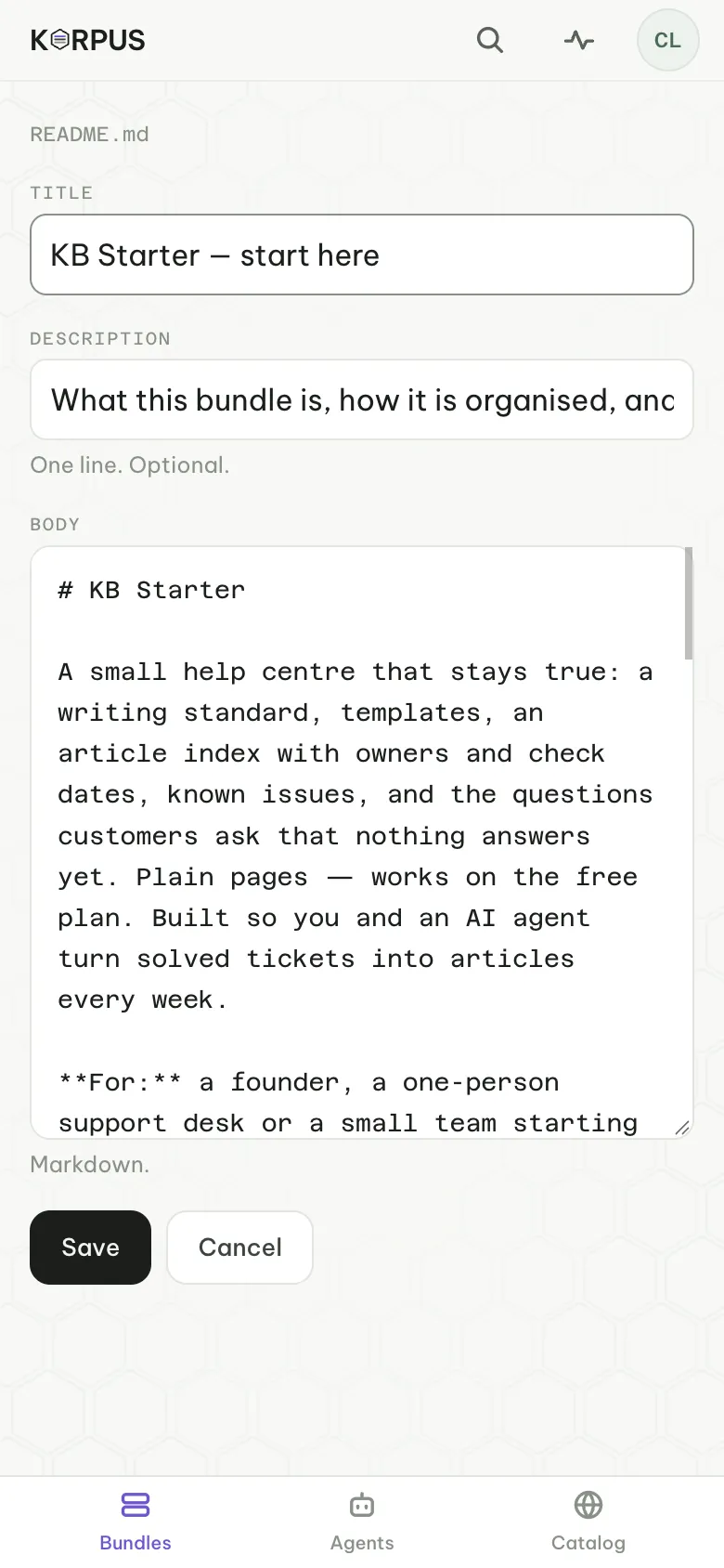 Editing a concept: title, description and the markdown body
