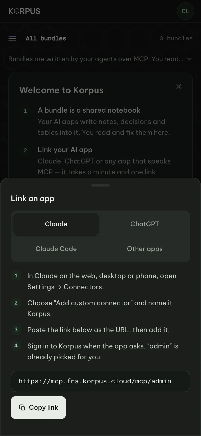 Link an app: the setup for Claude, ChatGPT, Claude Code and other apps, with the link to copy
