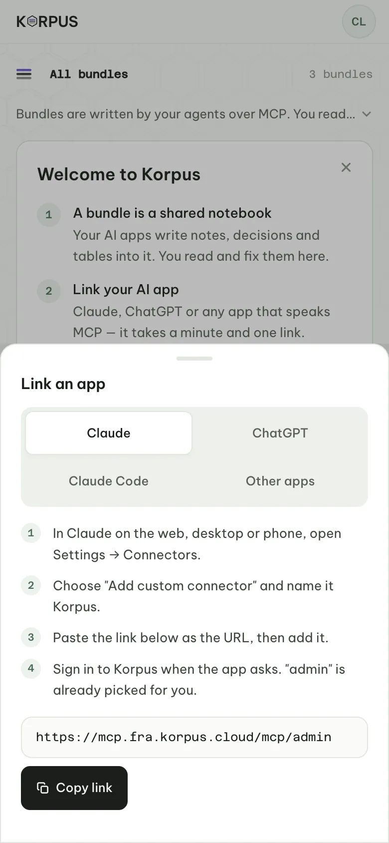 Link an app: the setup for Claude, ChatGPT, Claude Code and other apps, with the link to copy