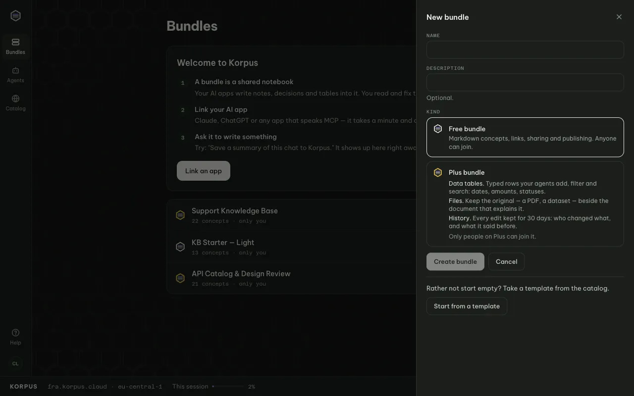 The New bundle sheet: name and description