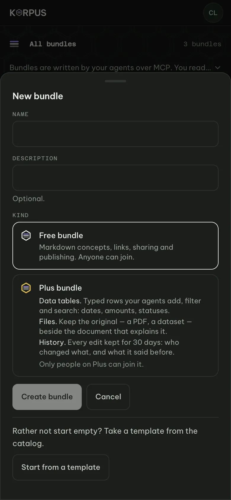 The New bundle sheet: name and description