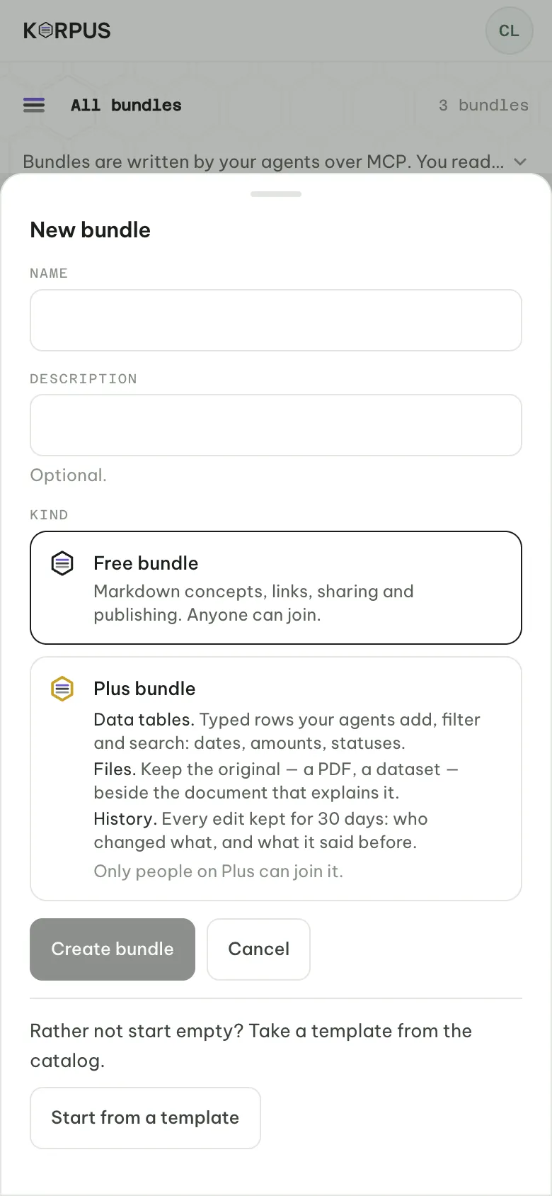 The New bundle sheet: name and description