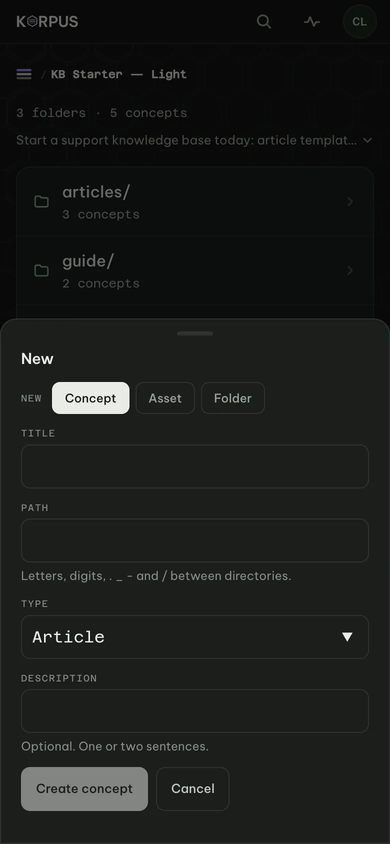 The New sheet inside a bundle: Concept or Folder