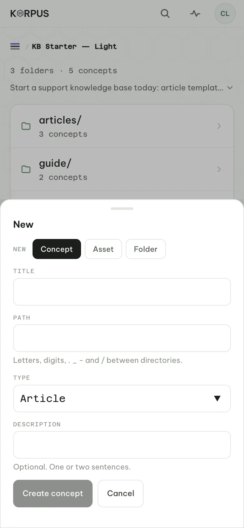 The New sheet inside a bundle: Concept or Folder
