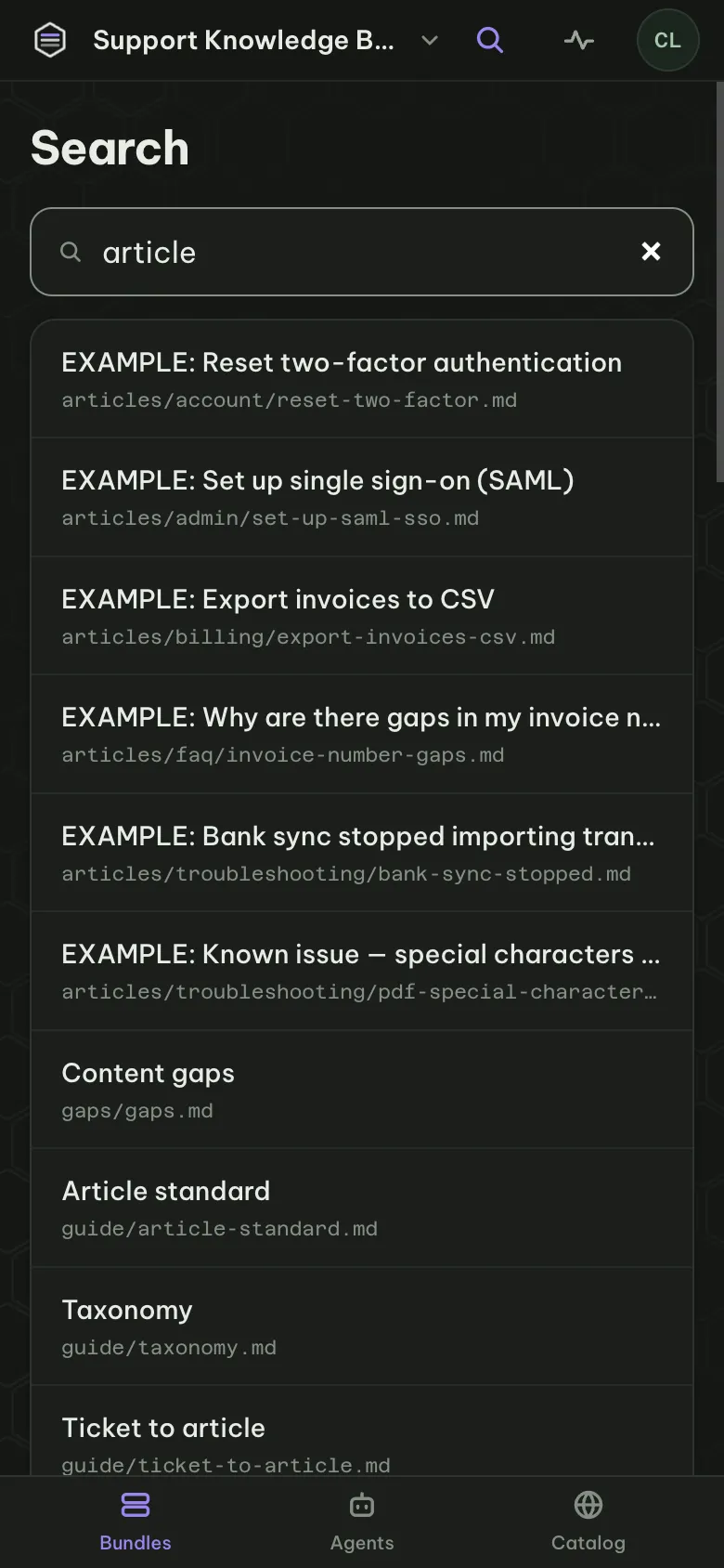 Search in a bundle: matches in names and paths and in text