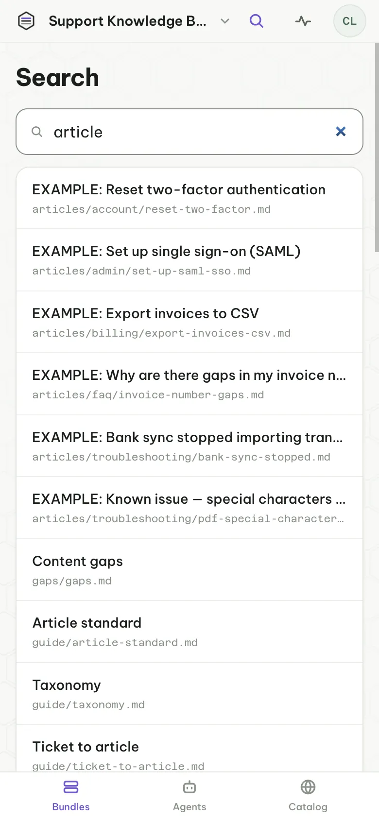 Search in a bundle: matches in names and paths and in text