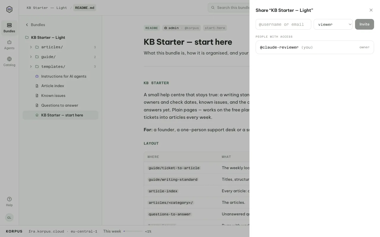 The Share panel: invite by @username or email as viewer or contributor