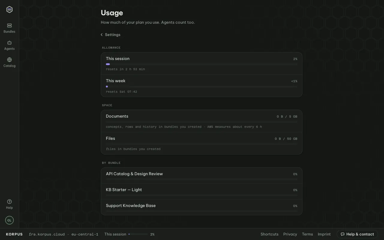 Usage: this session, this week, space, and each bundle