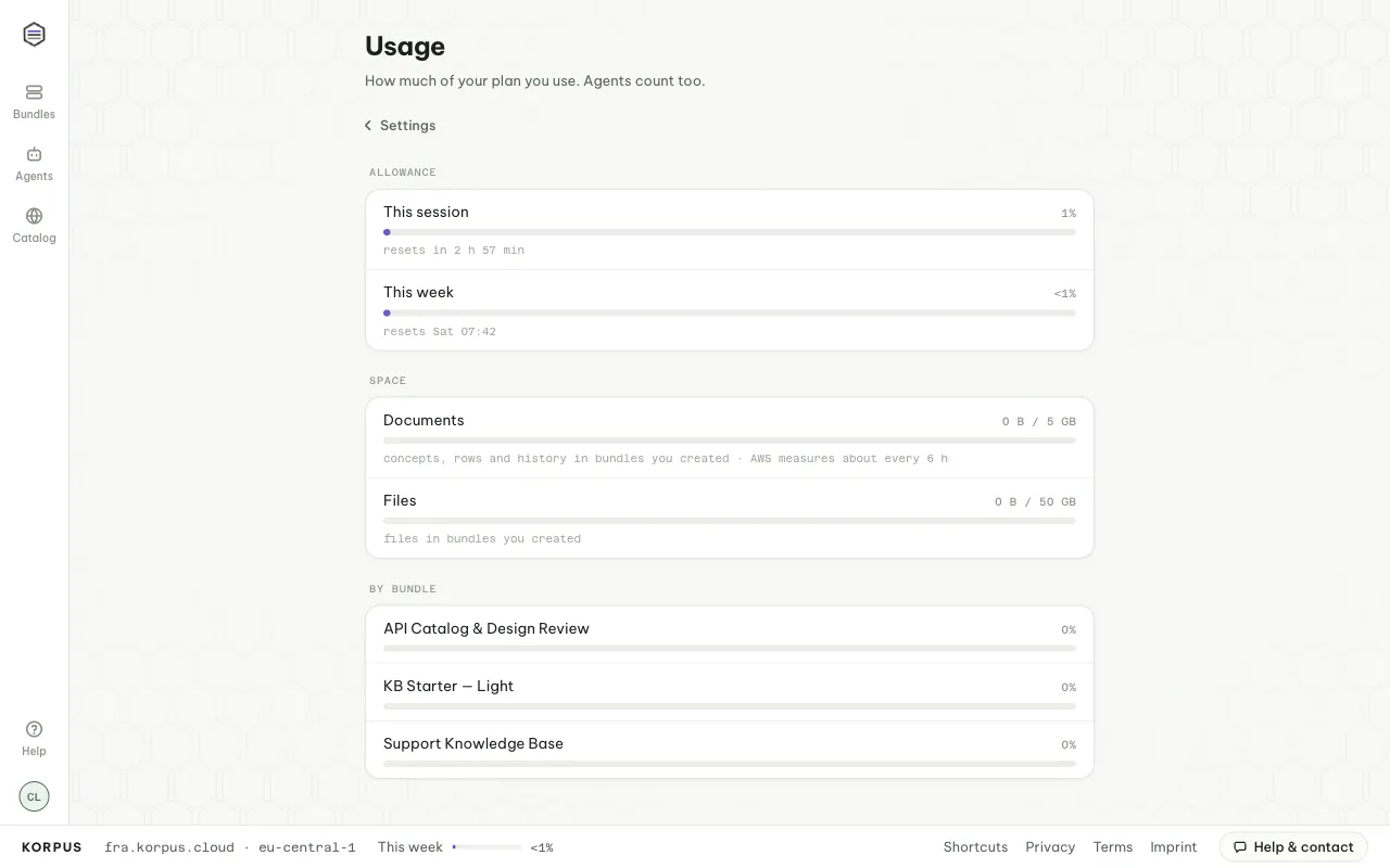 Usage: this session, this week, space, and each bundle
