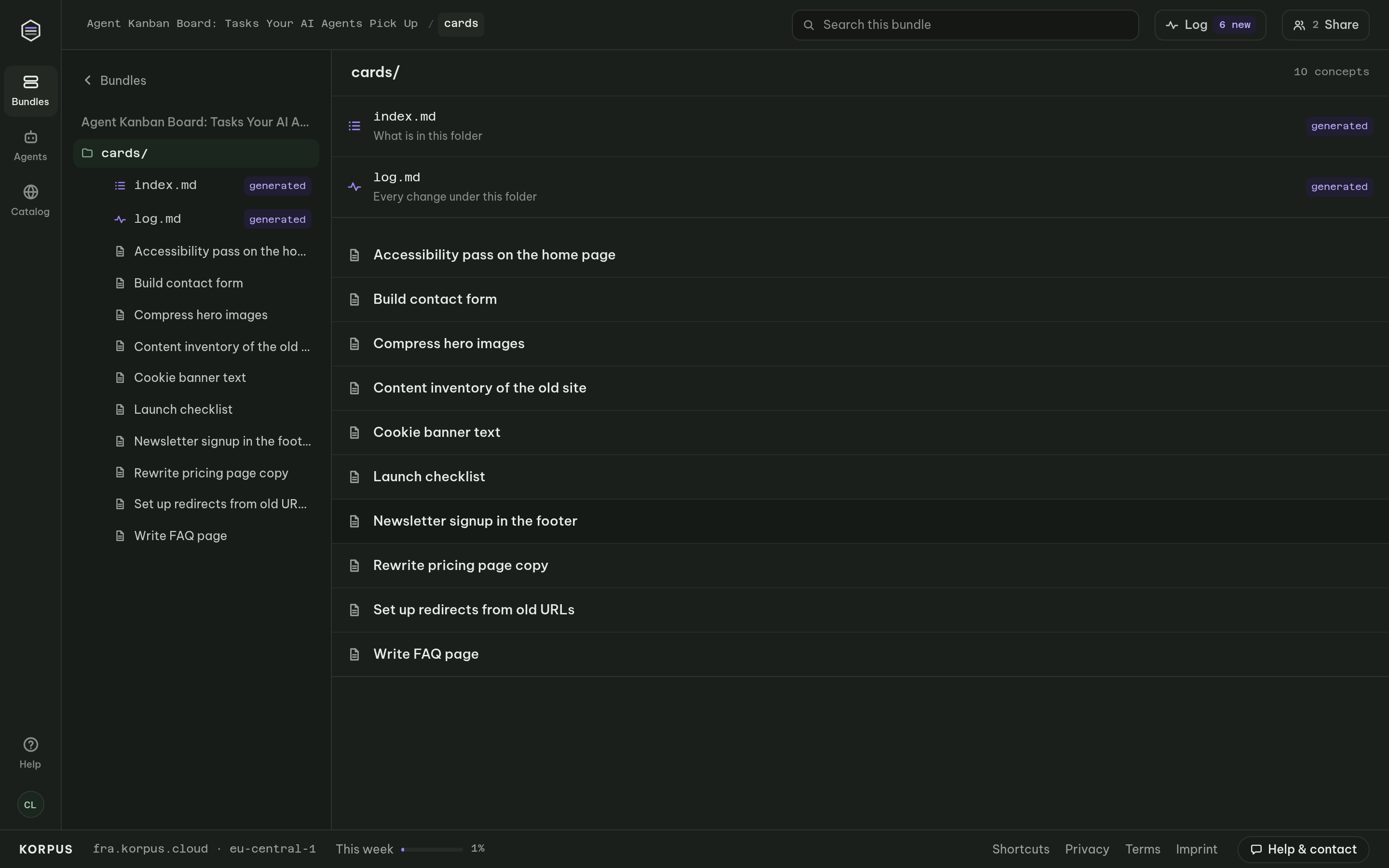 Agent kanban board in Korpus: the cards folder with ten task cards an AI agent can pick up, from backlog to done