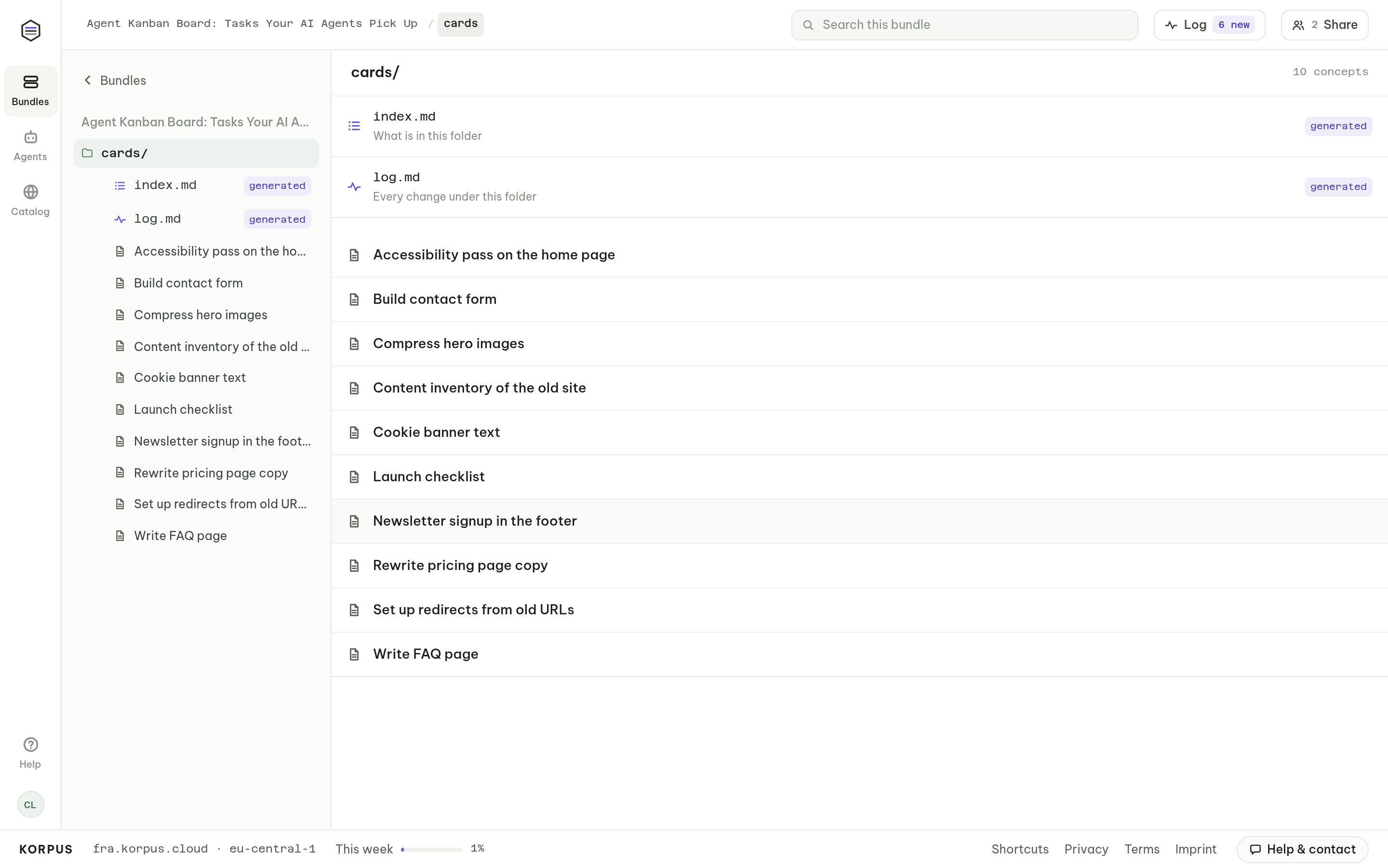 Agent kanban board in Korpus: the cards folder with ten task cards an AI agent can pick up, from backlog to done