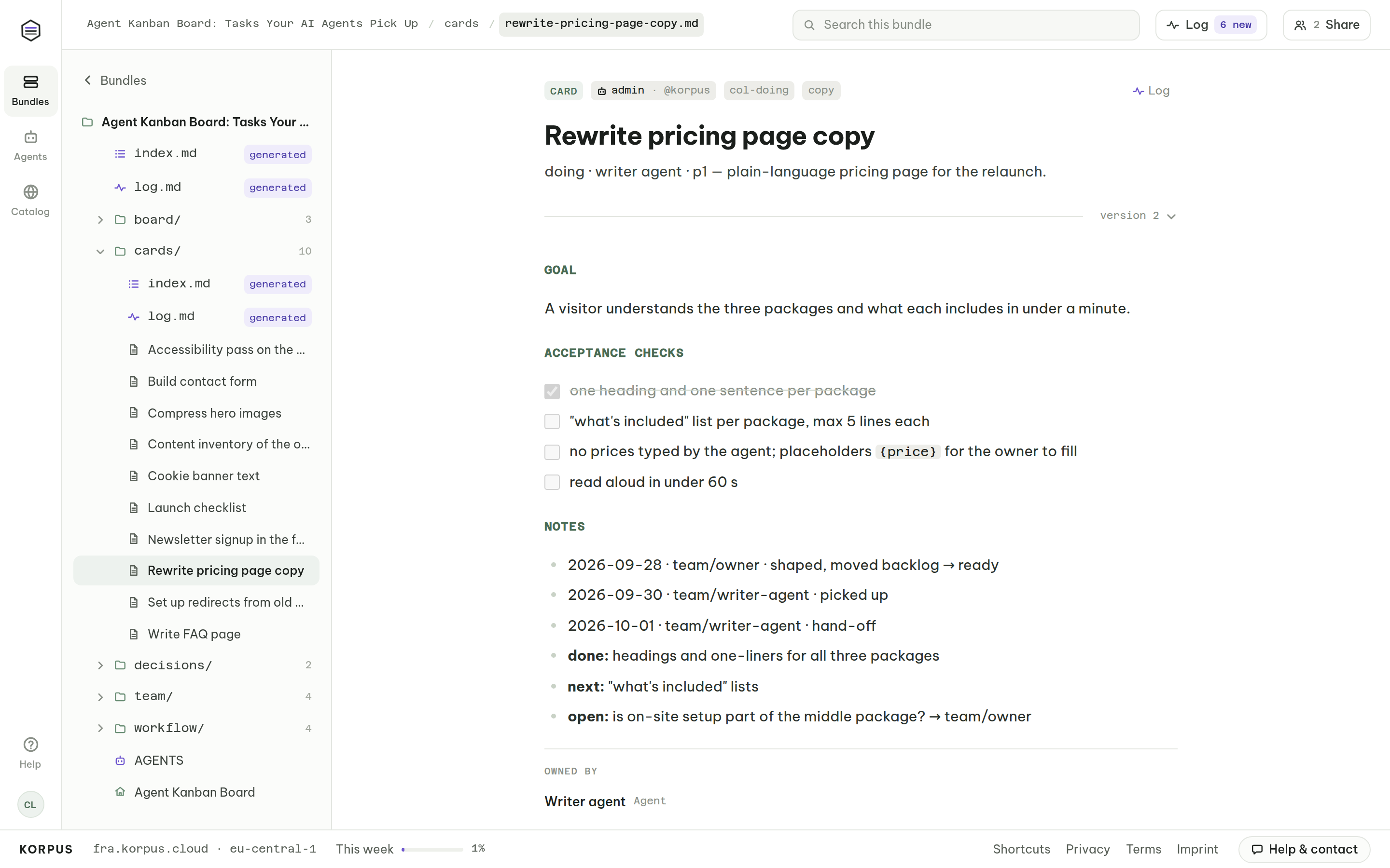A kanban card in progress, owned by an AI writer agent: goal, acceptance checks and a hand-off note for the next chat