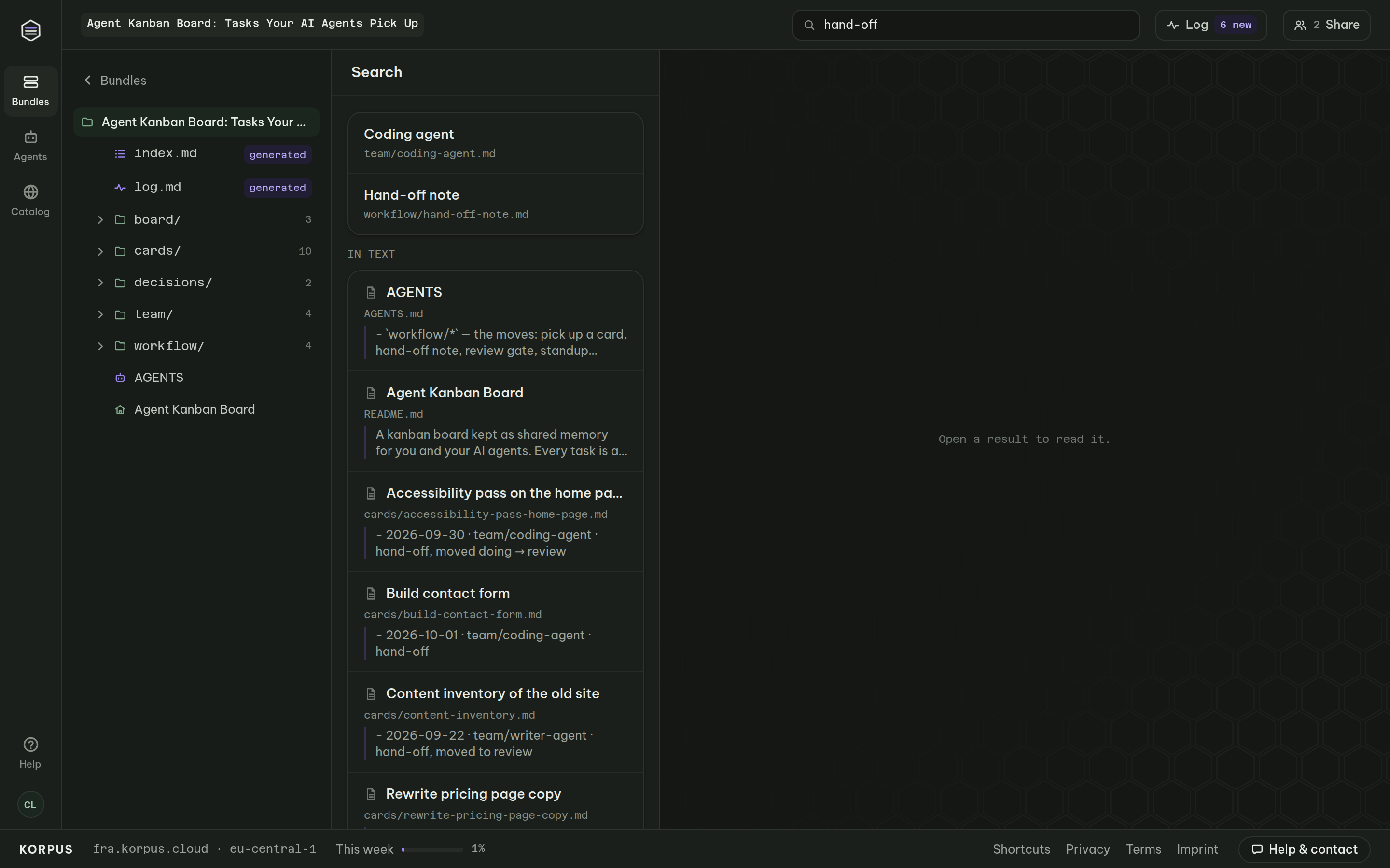 Searching the board for hand-off notes: every card where an AI agent stopped, with who and when