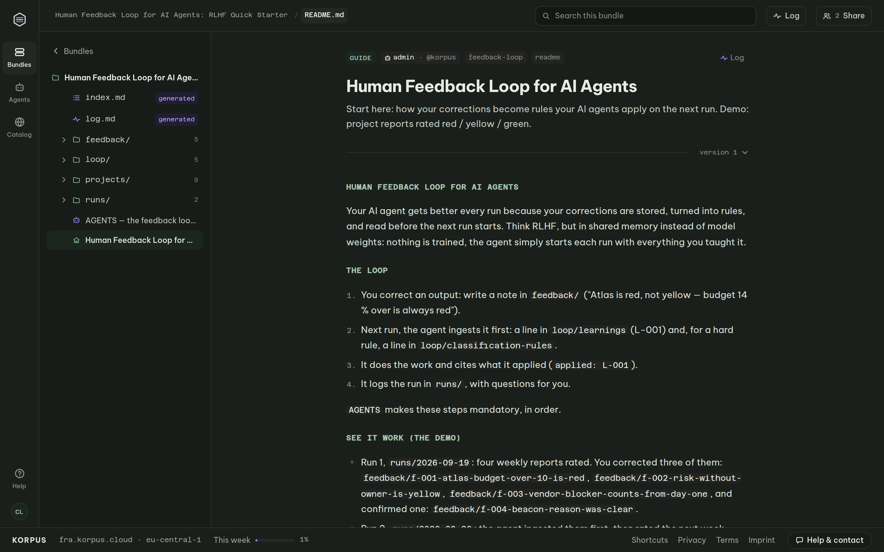 README of the human feedback loop template for AI agents: corrections become learnings and rules the agent reads every run