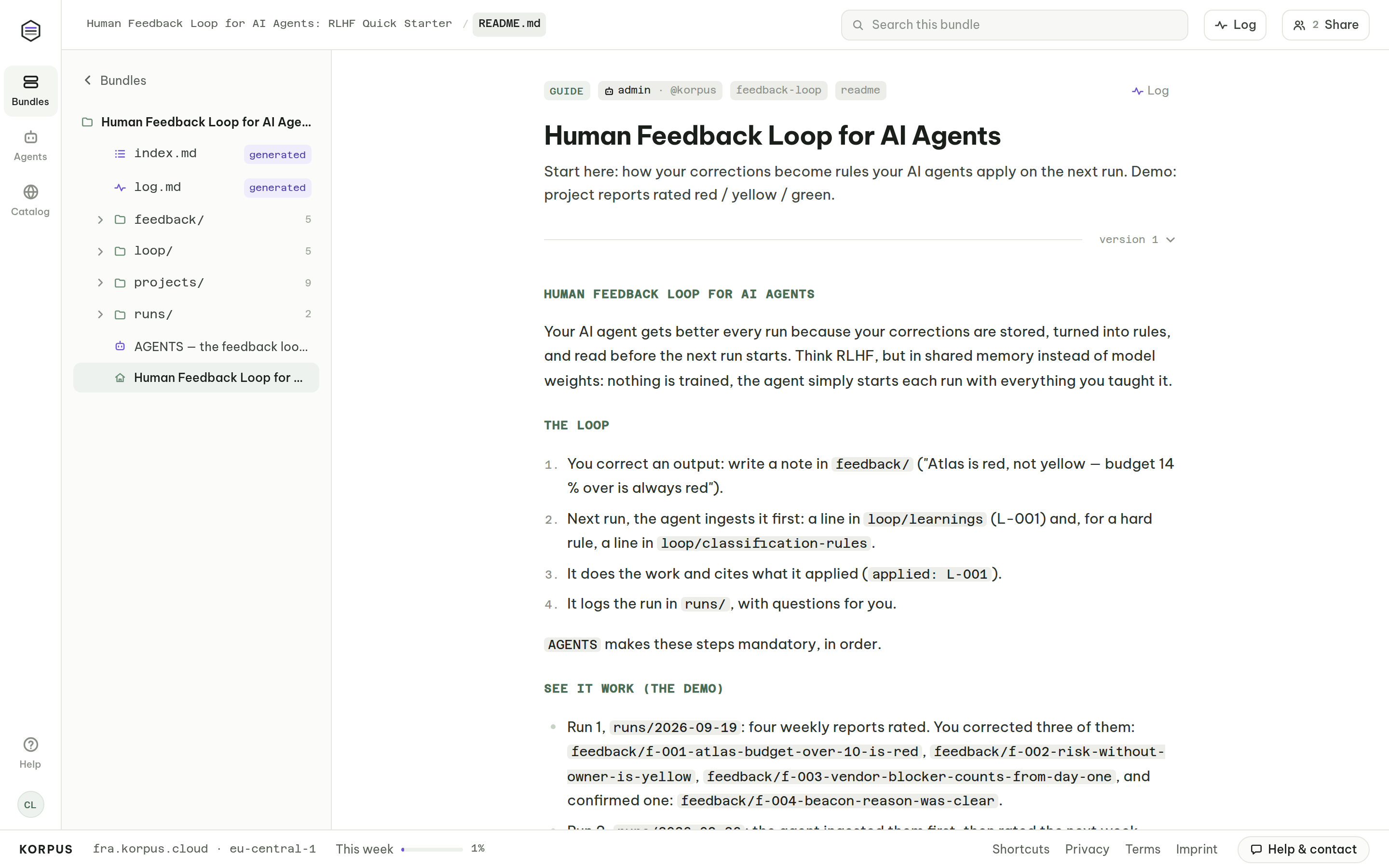 README of the human feedback loop template for AI agents: corrections become learnings and rules the agent reads every run