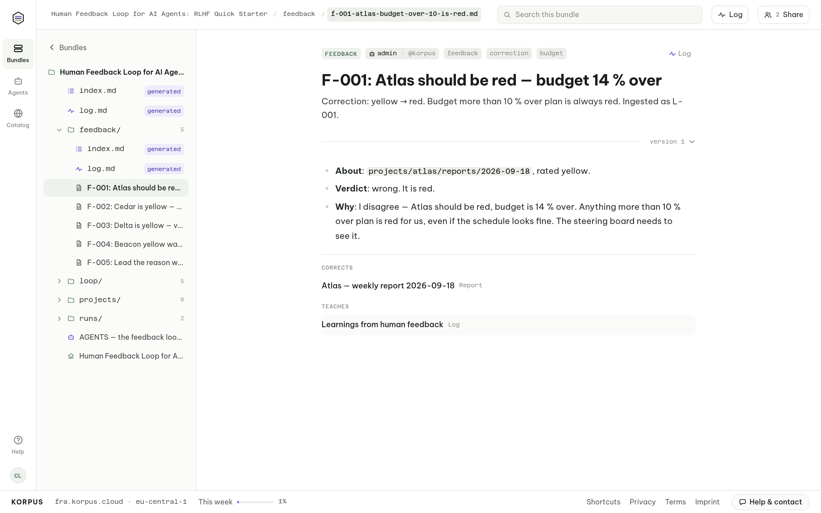Human feedback note correcting an AI agent's project status rating from yellow to red, linked to the report and the learning it teaches
