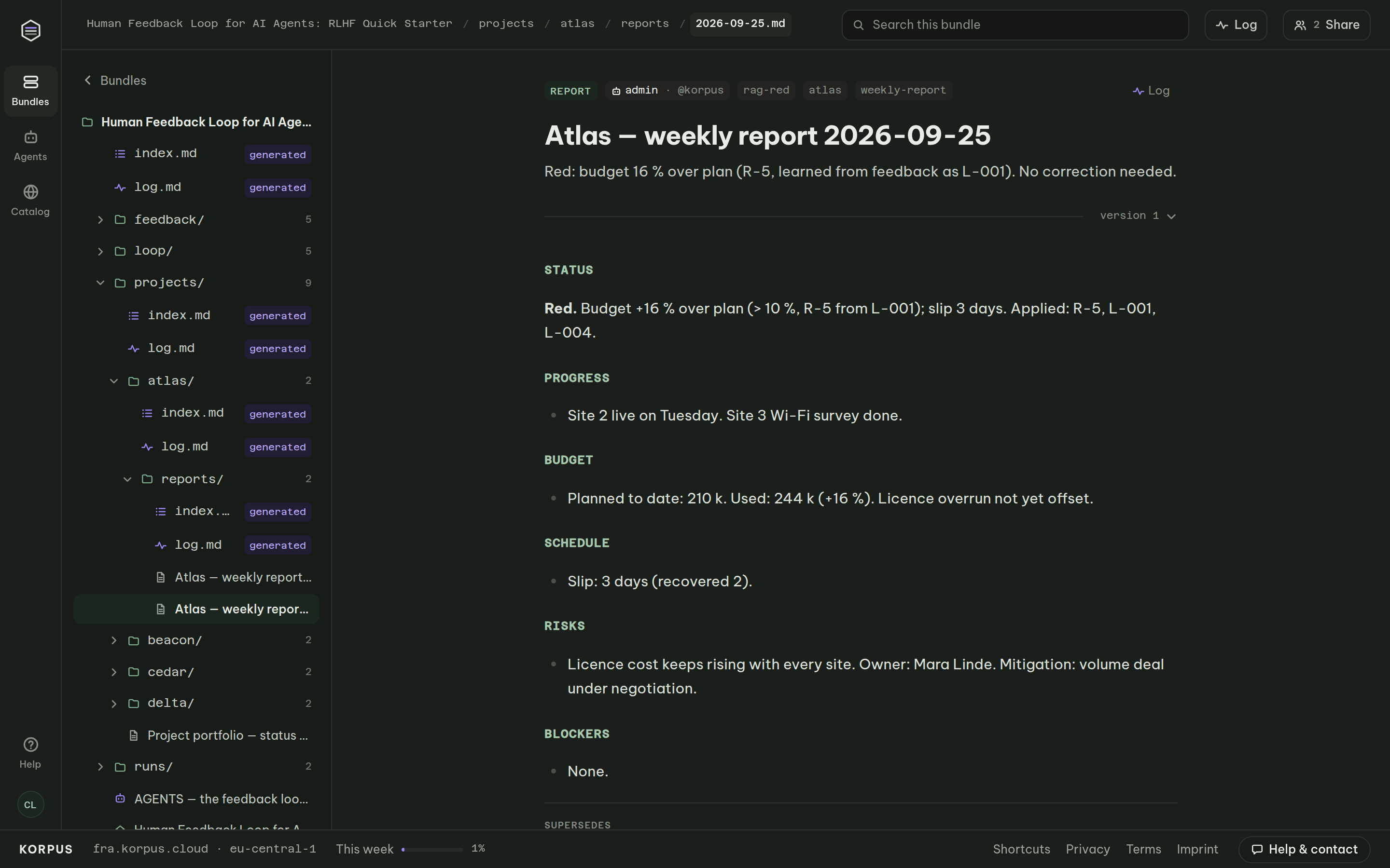 Weekly project status report rated red by the AI agent, citing the rule and the learning from earlier human feedback