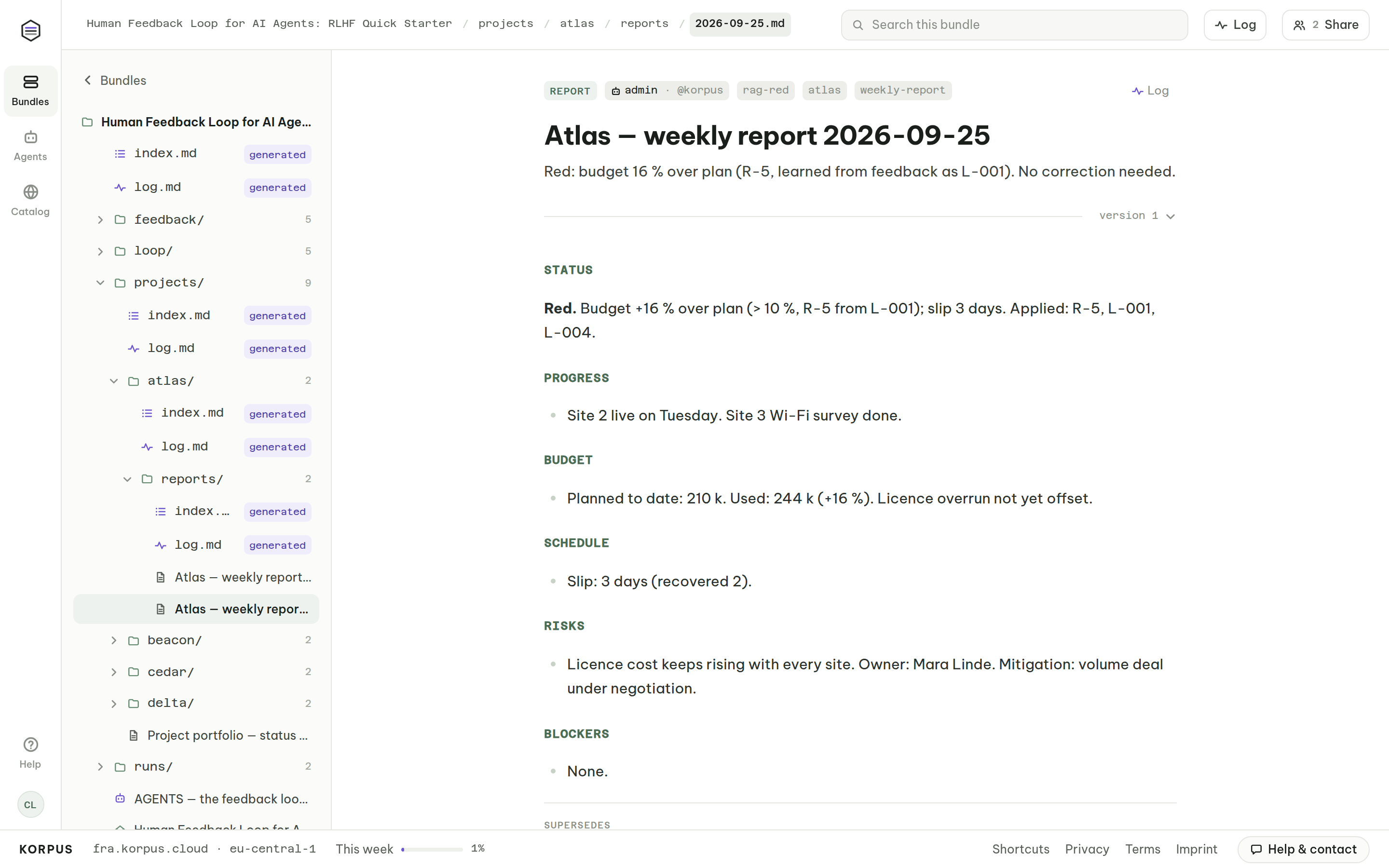 Weekly project status report rated red by the AI agent, citing the rule and the learning from earlier human feedback