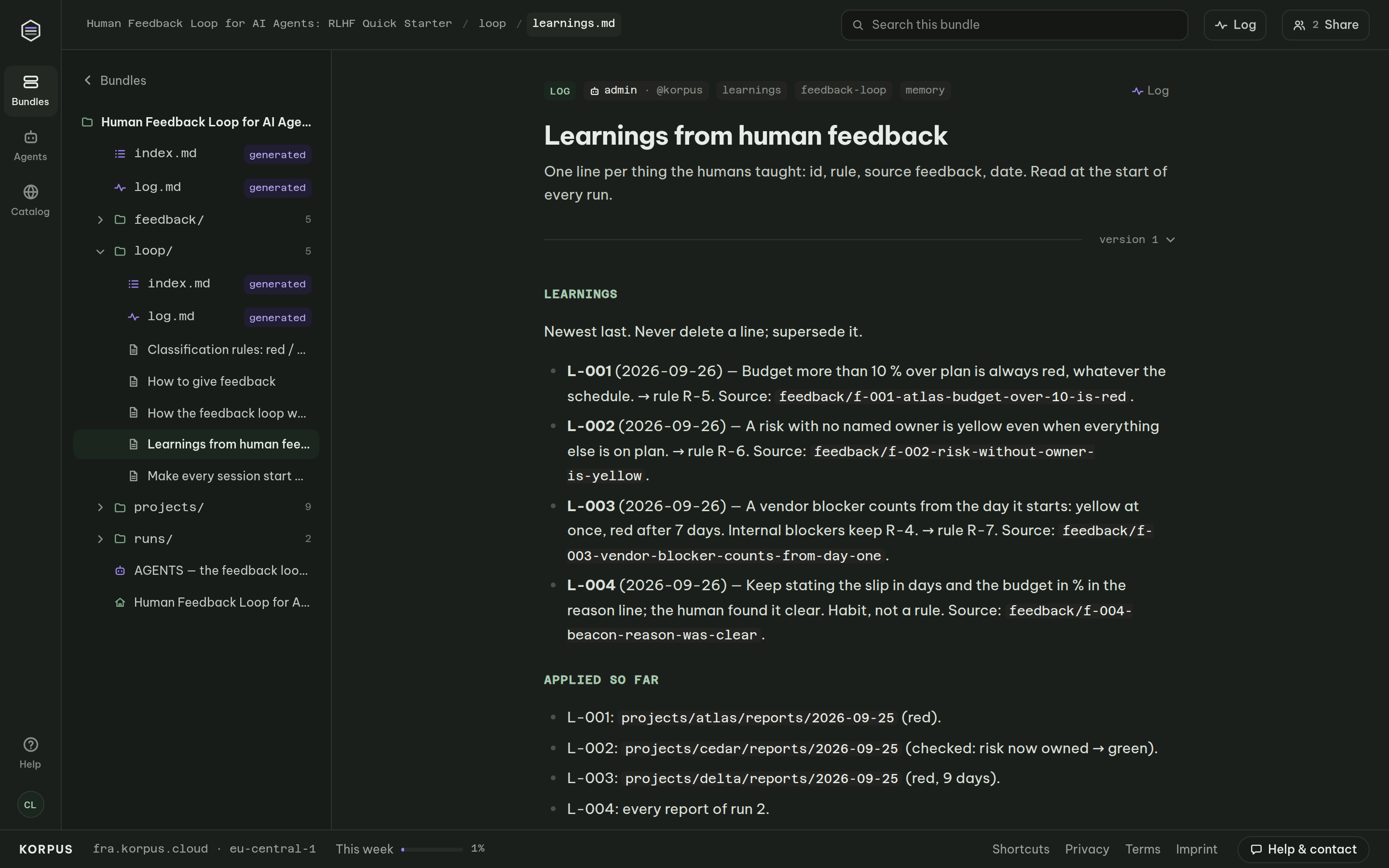 Learnings log of a self-improving AI agent: each lesson from human feedback with its source and where it was applied