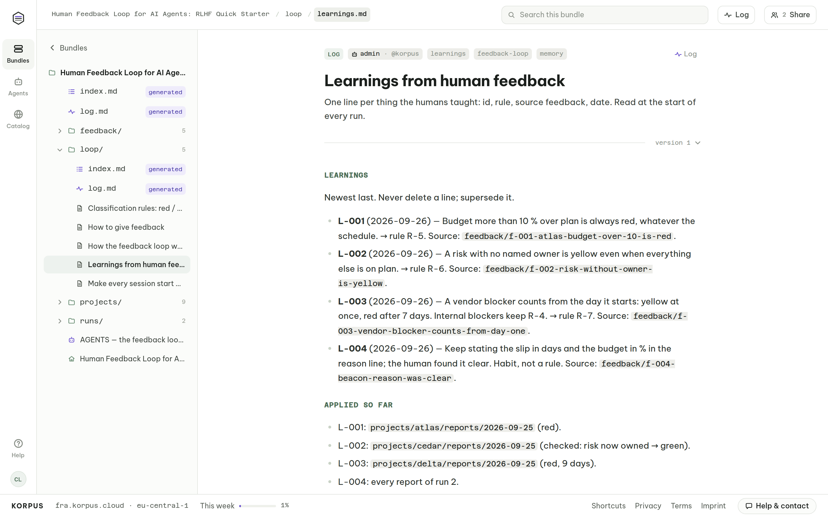 Learnings log of a self-improving AI agent: each lesson from human feedback with its source and where it was applied
