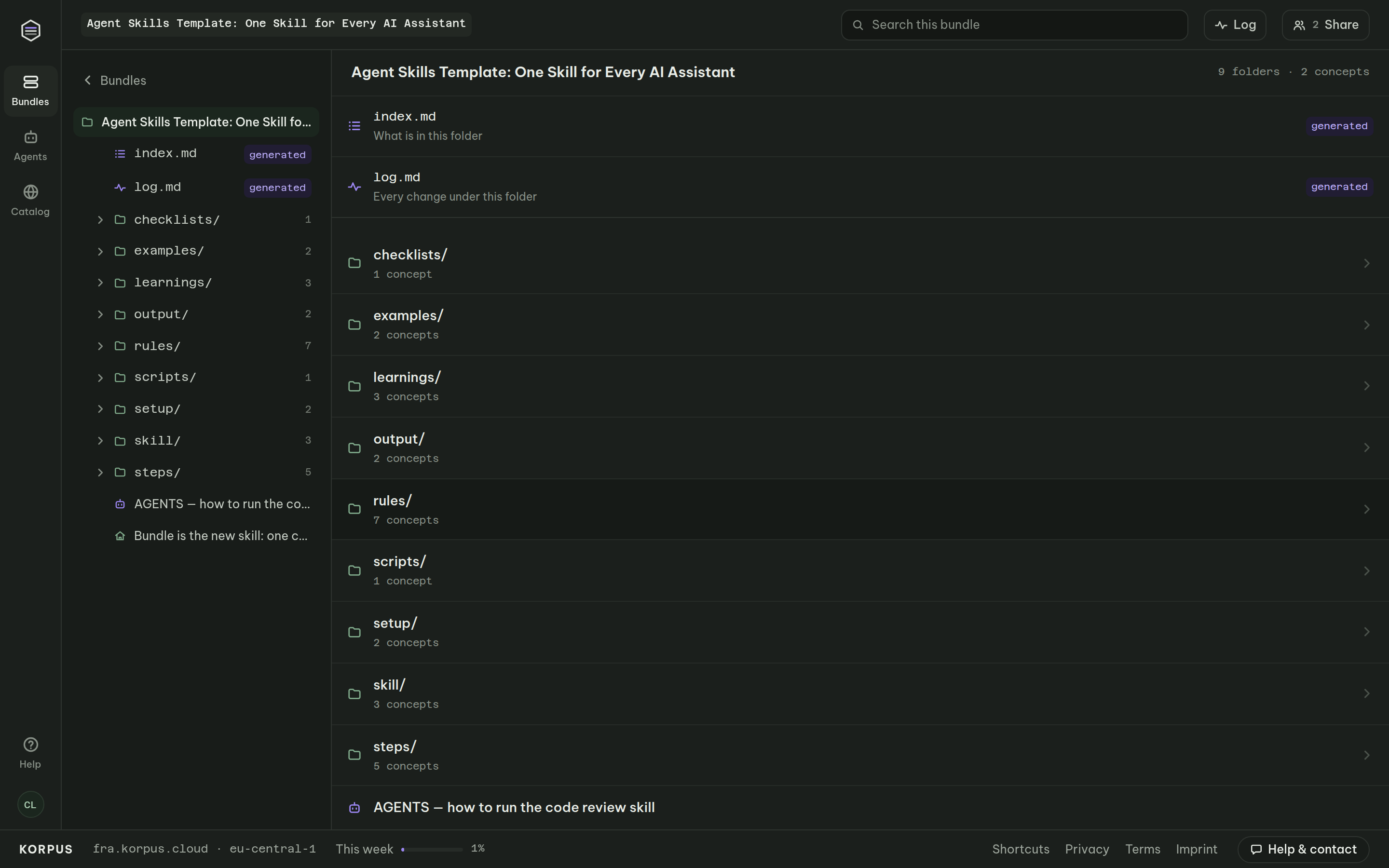 Agent skills template in Korpus: a code review skill as folders — skill, steps, rules, learnings, examples, output, setup — instead of one SKILL.md file
