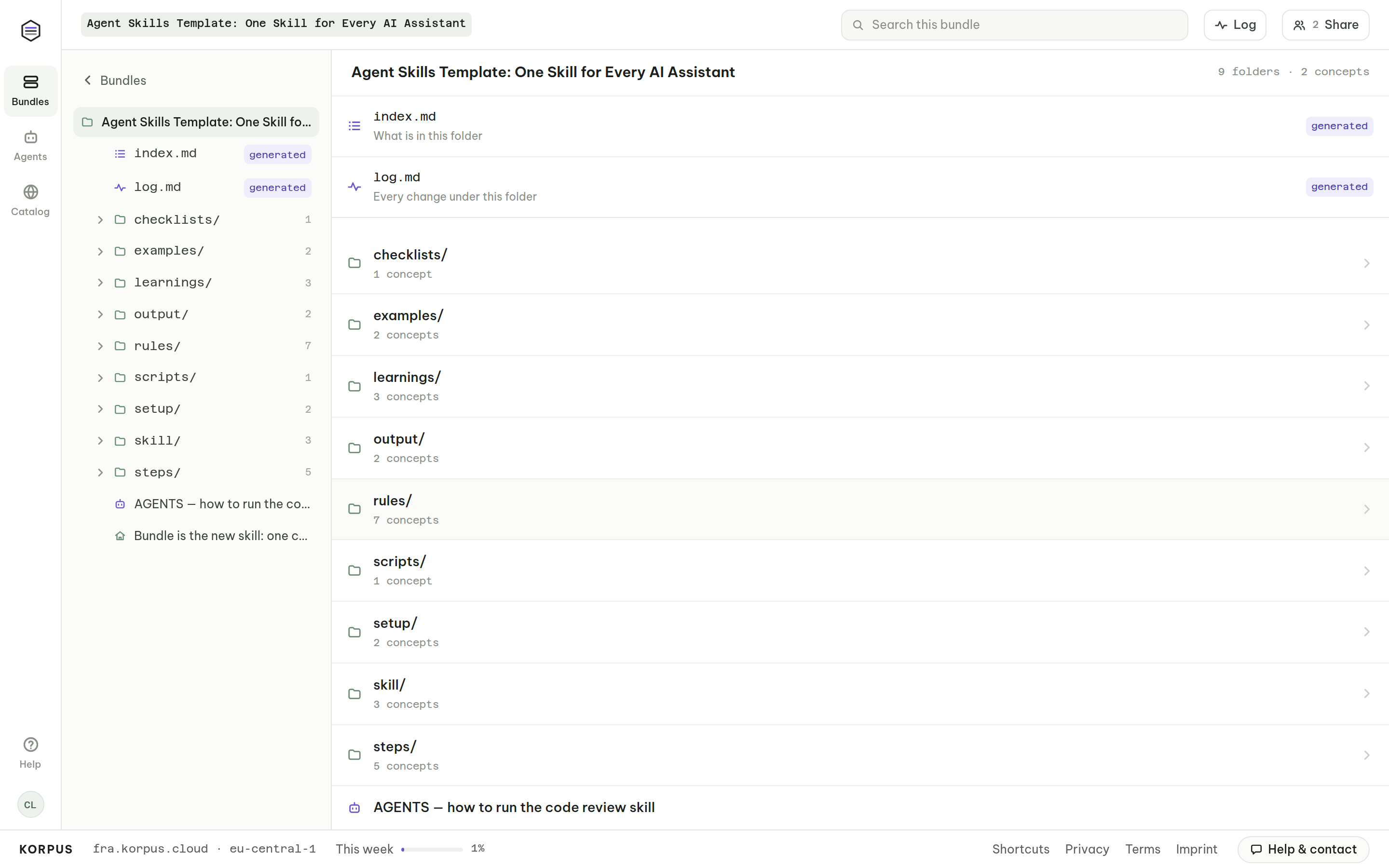 Agent skills template in Korpus: a code review skill as folders — skill, steps, rules, learnings, examples, output, setup — instead of one SKILL.md file