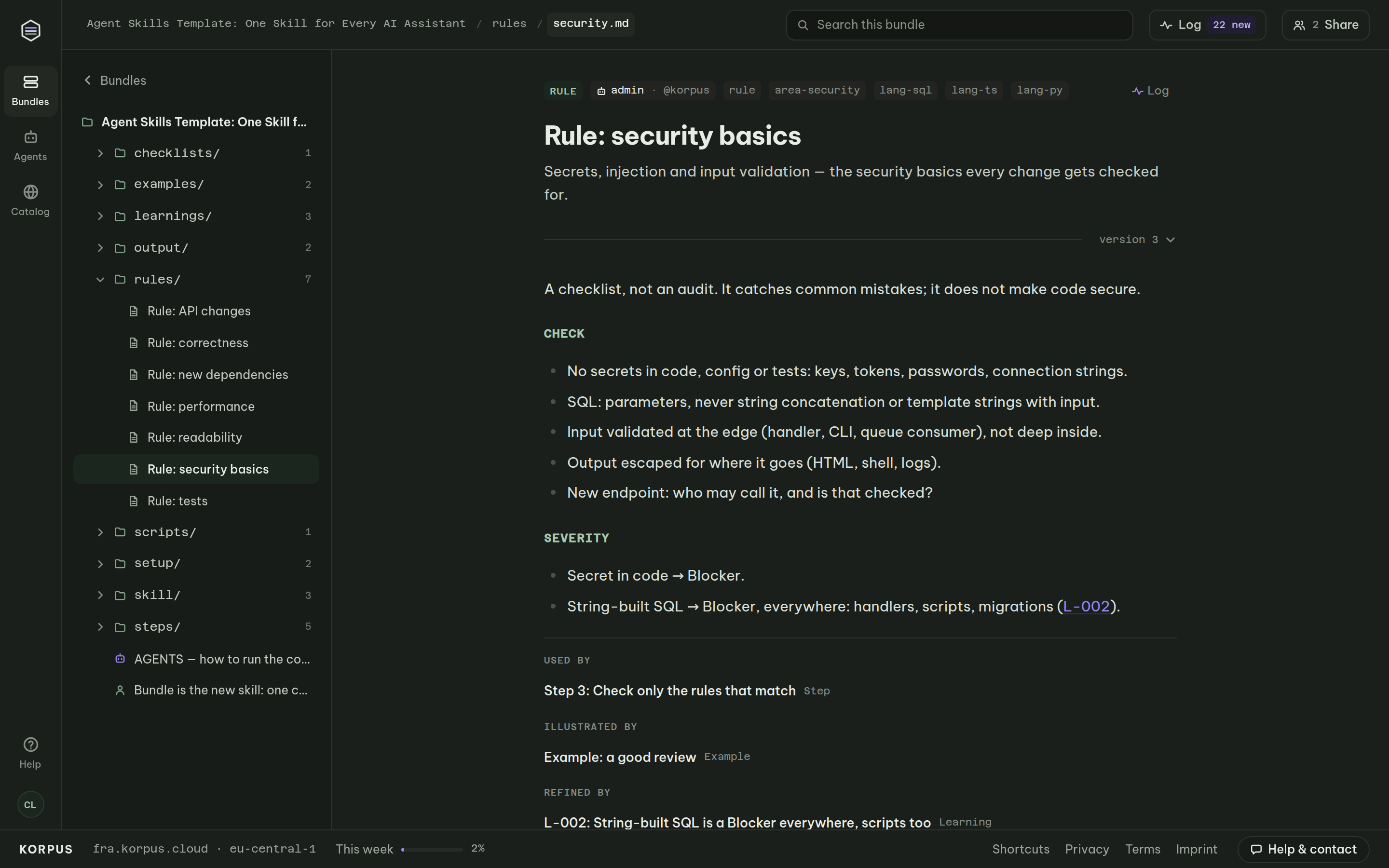 Code review rule for security basics, tagged by language and area, linking the learning from human feedback that changed it