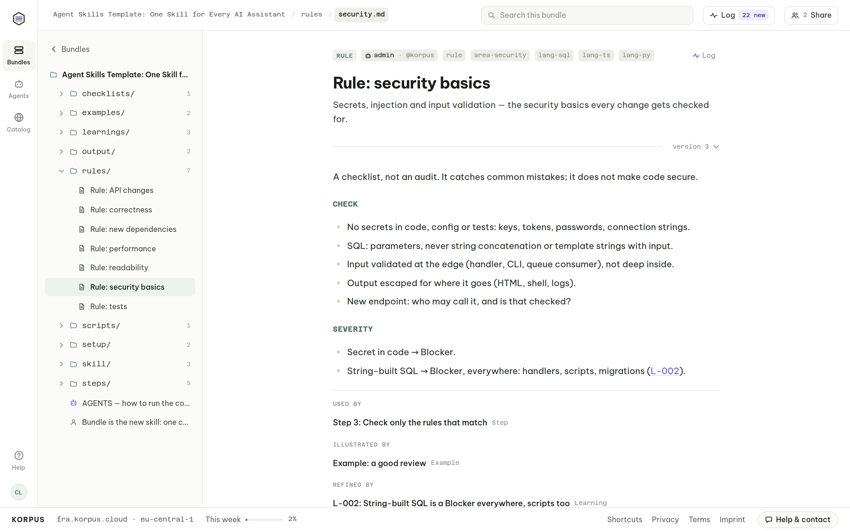 Code review rule for security basics, tagged by language and area, linking the learning from human feedback that changed it