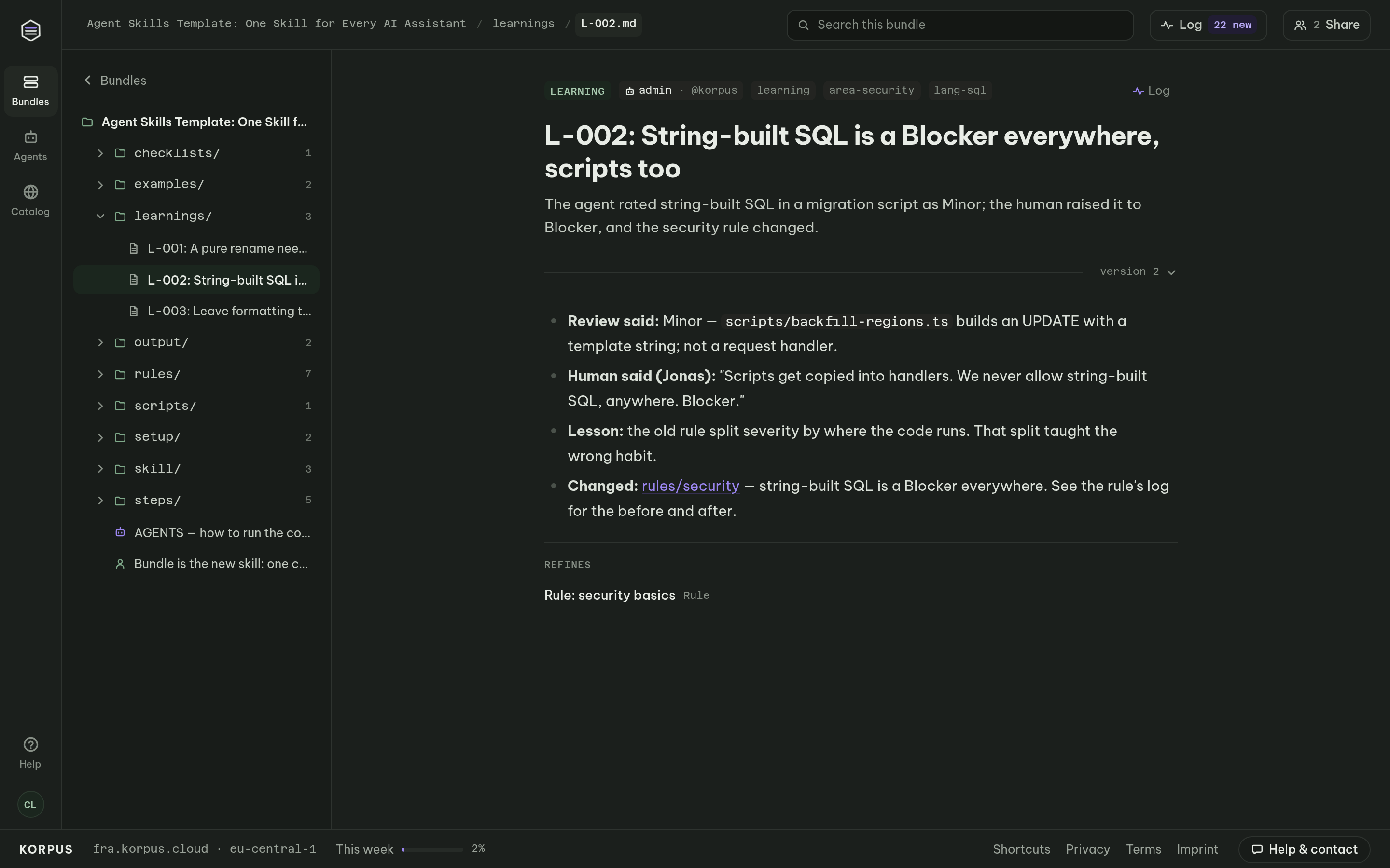 Learning from human feedback: the review rated string-built SQL Minor, the human said Blocker, and the agent changed the security rule