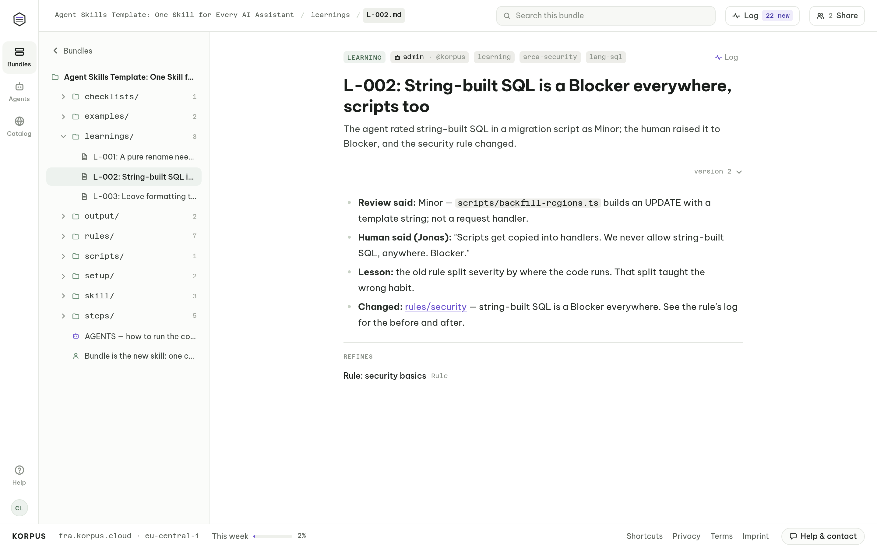Learning from human feedback: the review rated string-built SQL Minor, the human said Blocker, and the agent changed the security rule