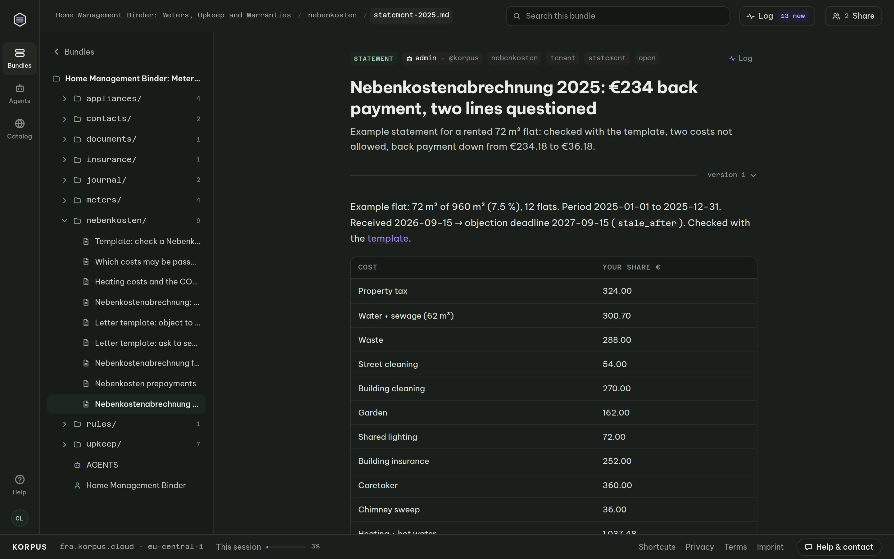 Example Nebenkostenabrechnung 2025 for a 72 m² rented flat: cost lines, tenant share and back payment, checked line by line