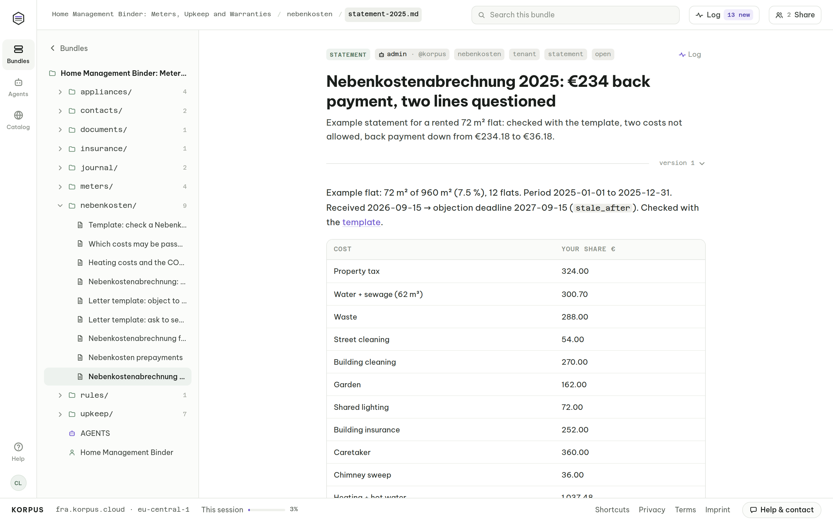 Example Nebenkostenabrechnung 2025 for a 72 m² rented flat: cost lines, tenant share and back payment, checked line by line