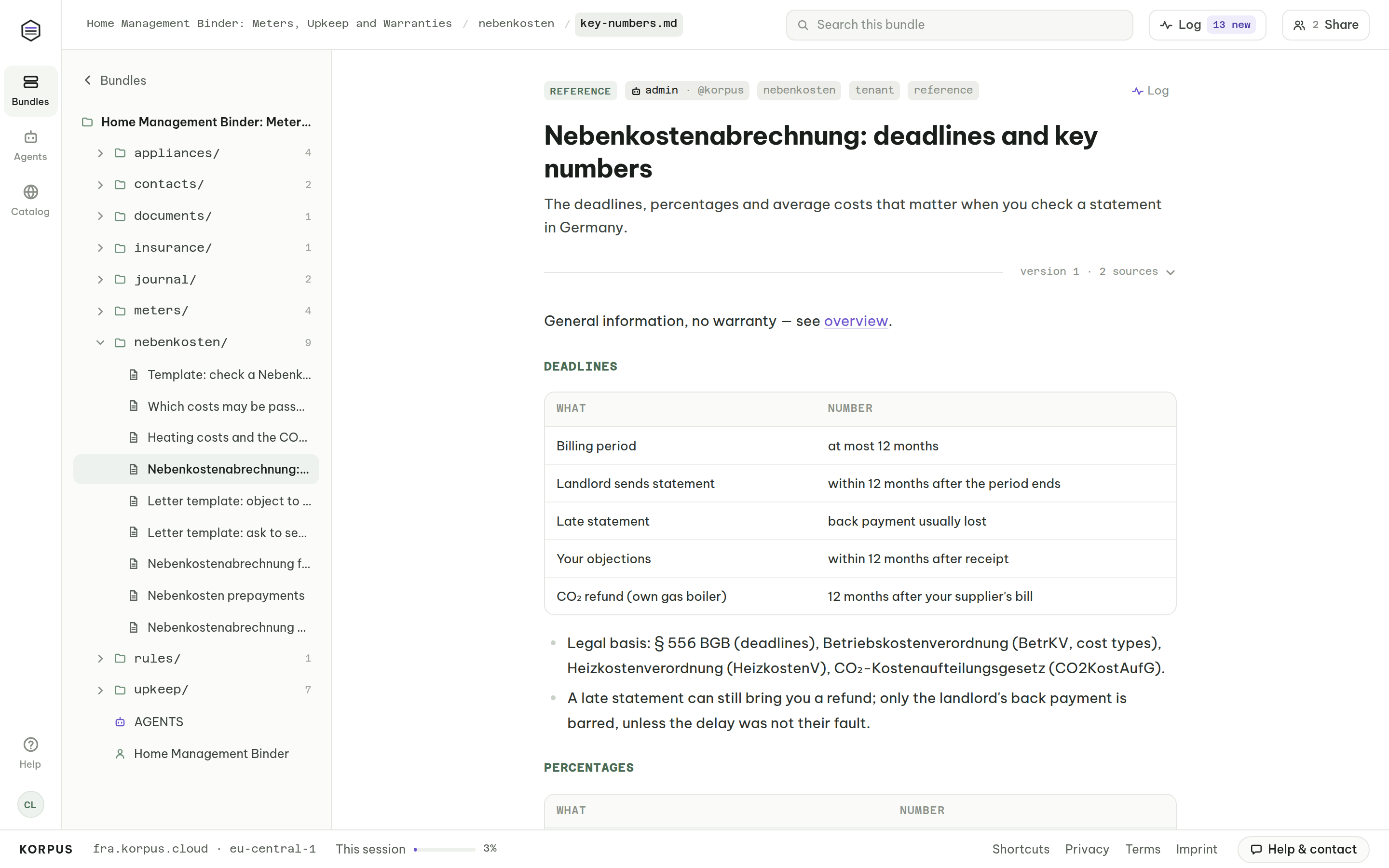 Nebenkostenabrechnung deadlines and key numbers: 12-month billing and objection periods, heating split and Mieterbund averages