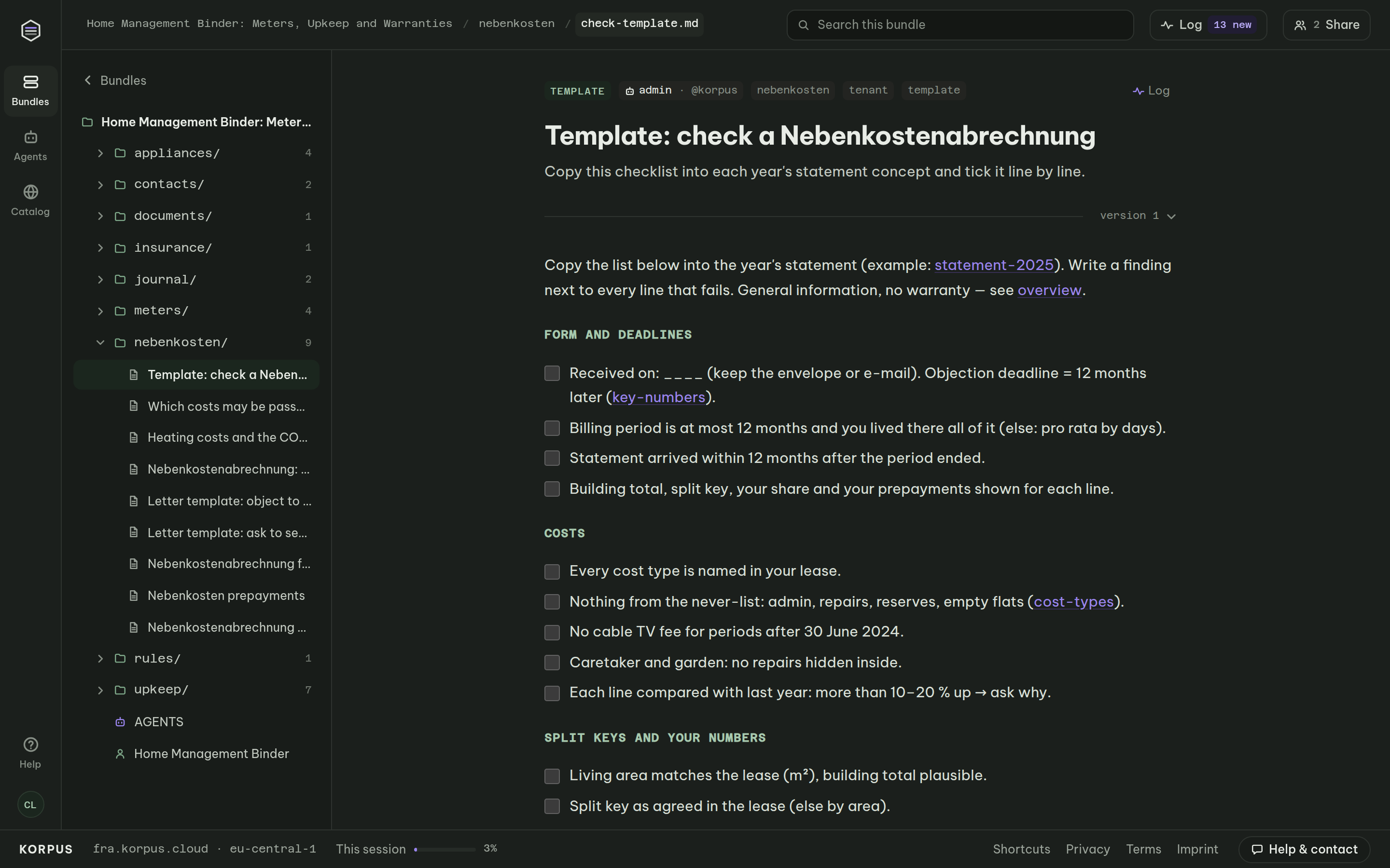 Checklist template to check a Nebenkostenabrechnung: form and deadlines, cost types, split keys, heating and result