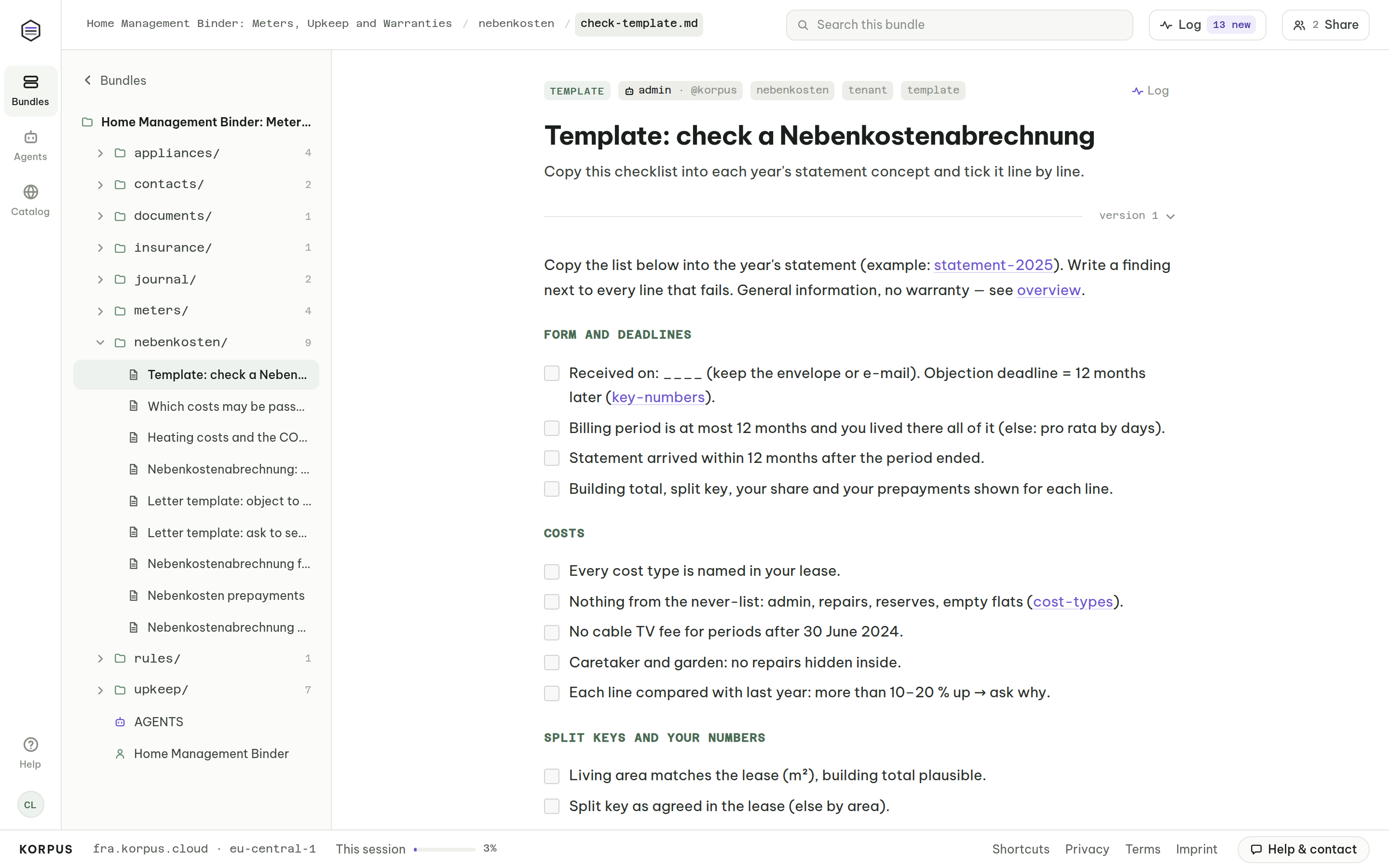 Checklist template to check a Nebenkostenabrechnung: form and deadlines, cost types, split keys, heating and result