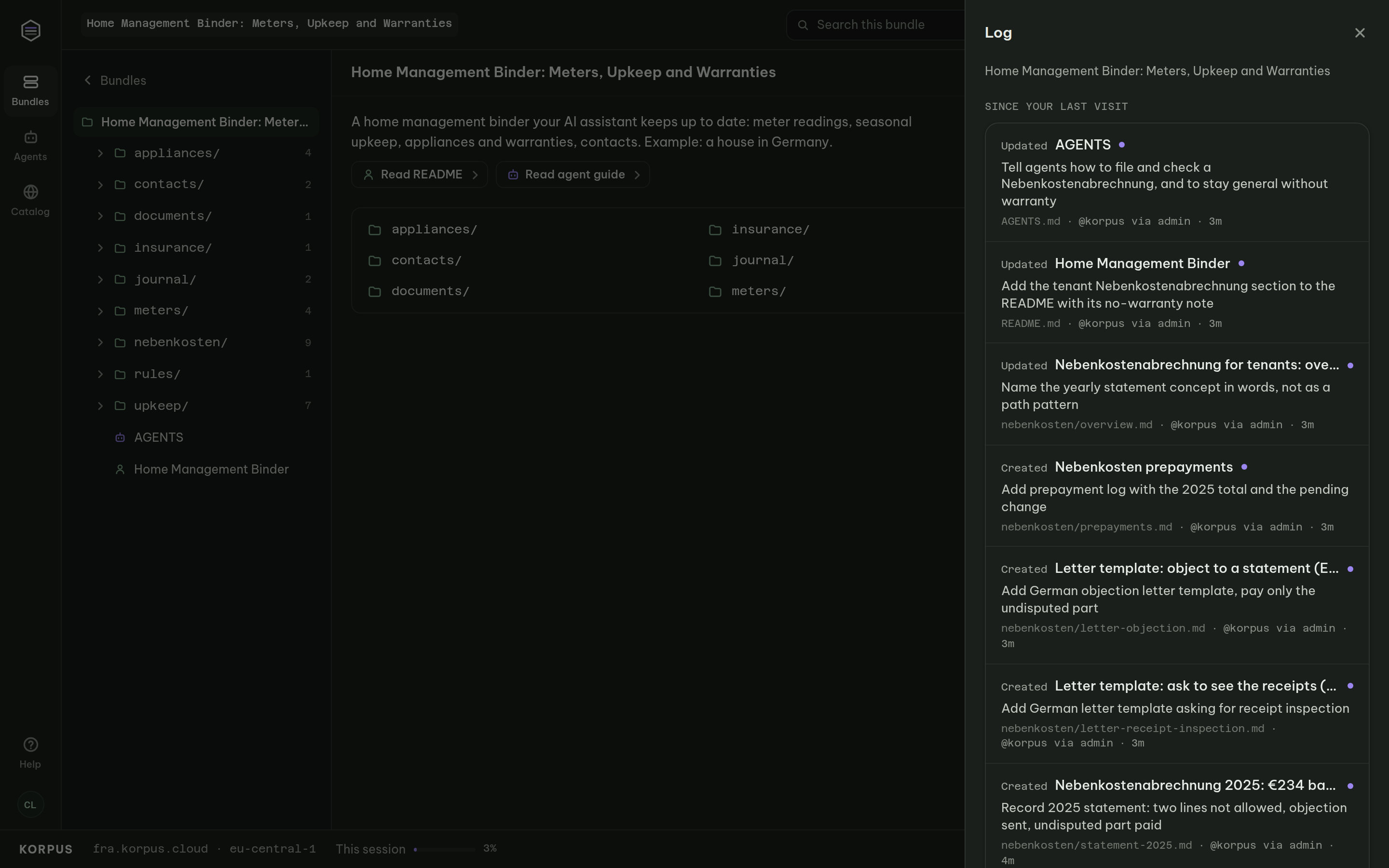 Bundle log: the AI agent added the tenant Nebenkosten section with a reason for each change