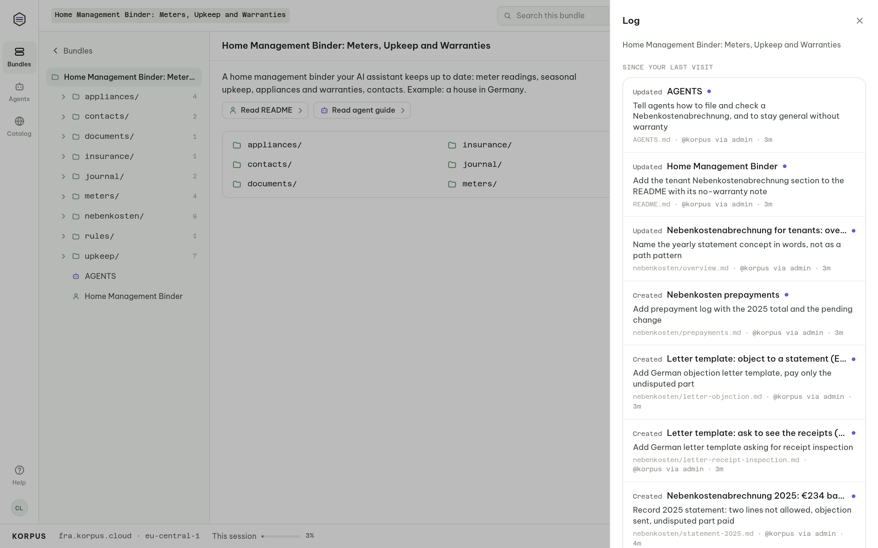 Bundle log: the AI agent added the tenant Nebenkosten section with a reason for each change