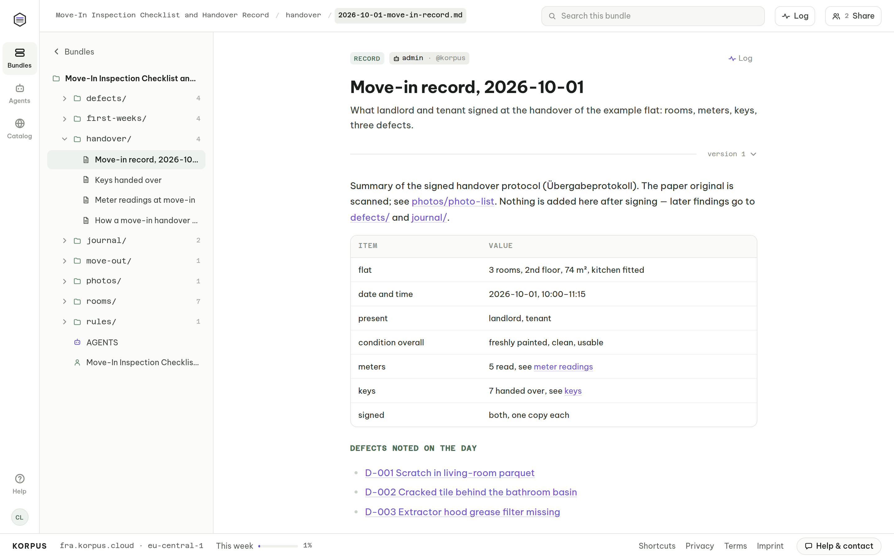 Signed move-in handover record: flat, date, meters, keys and the three defects noted on the day