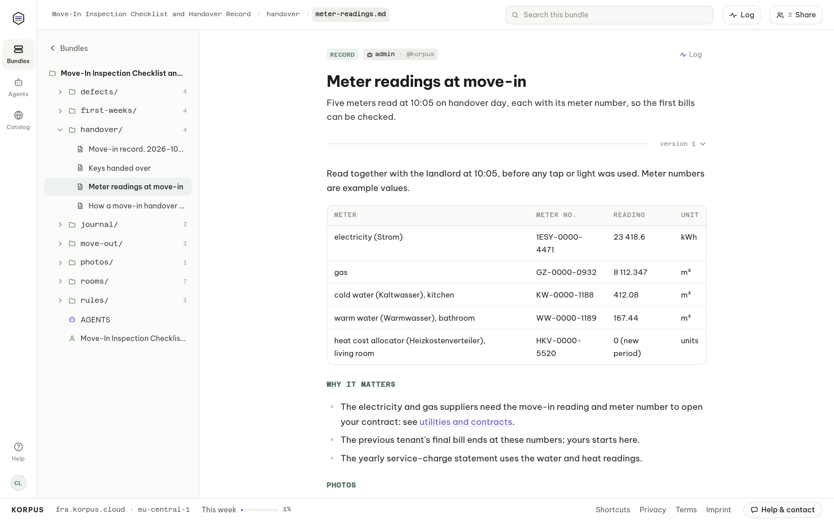 Meter readings at move-in: electricity, gas, cold and warm water and heat cost allocator with meter numbers