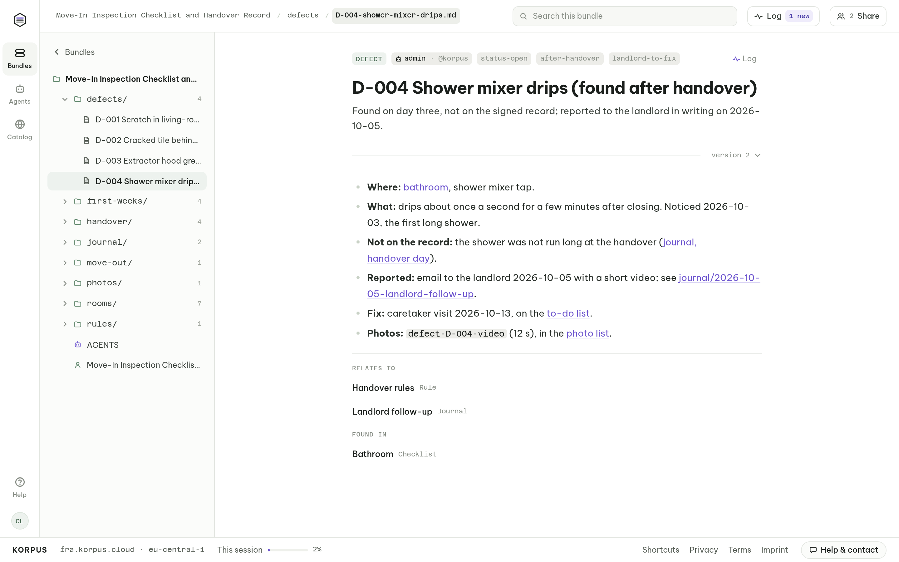 Defect found after the handover: dripping shower, reported to the landlord in writing, linked to the bathroom