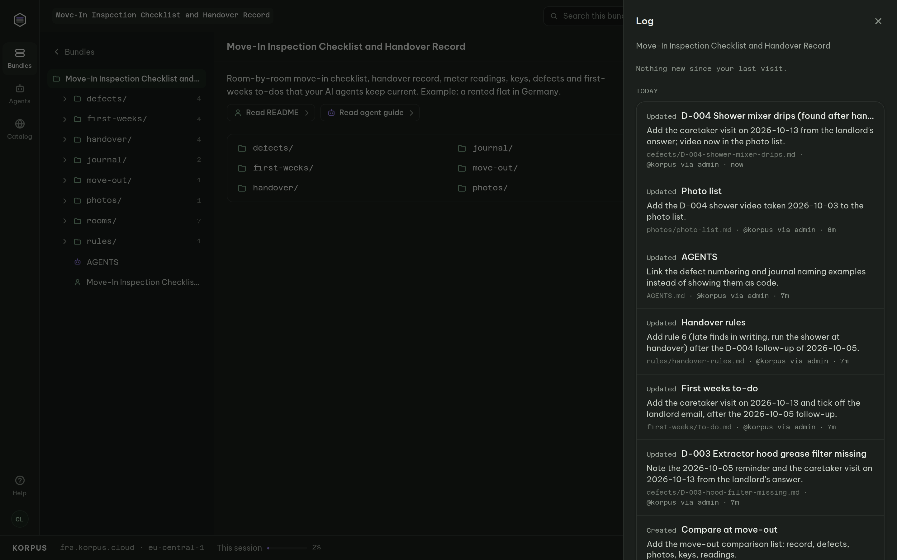 Log of an AI agent's changes: new handover rule added after a defect found on day three, with the reason