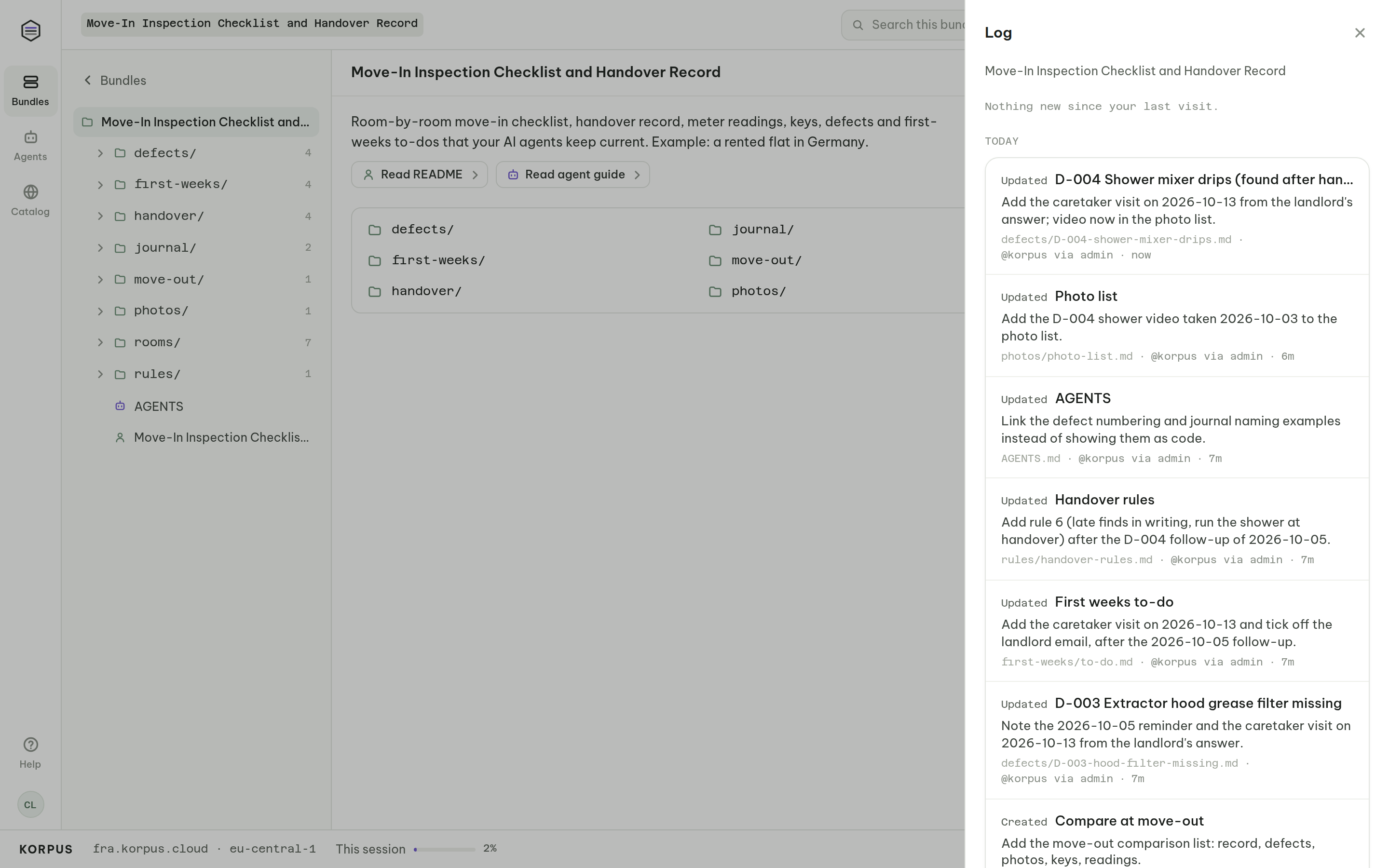 Log of an AI agent's changes: new handover rule added after a defect found on day three, with the reason