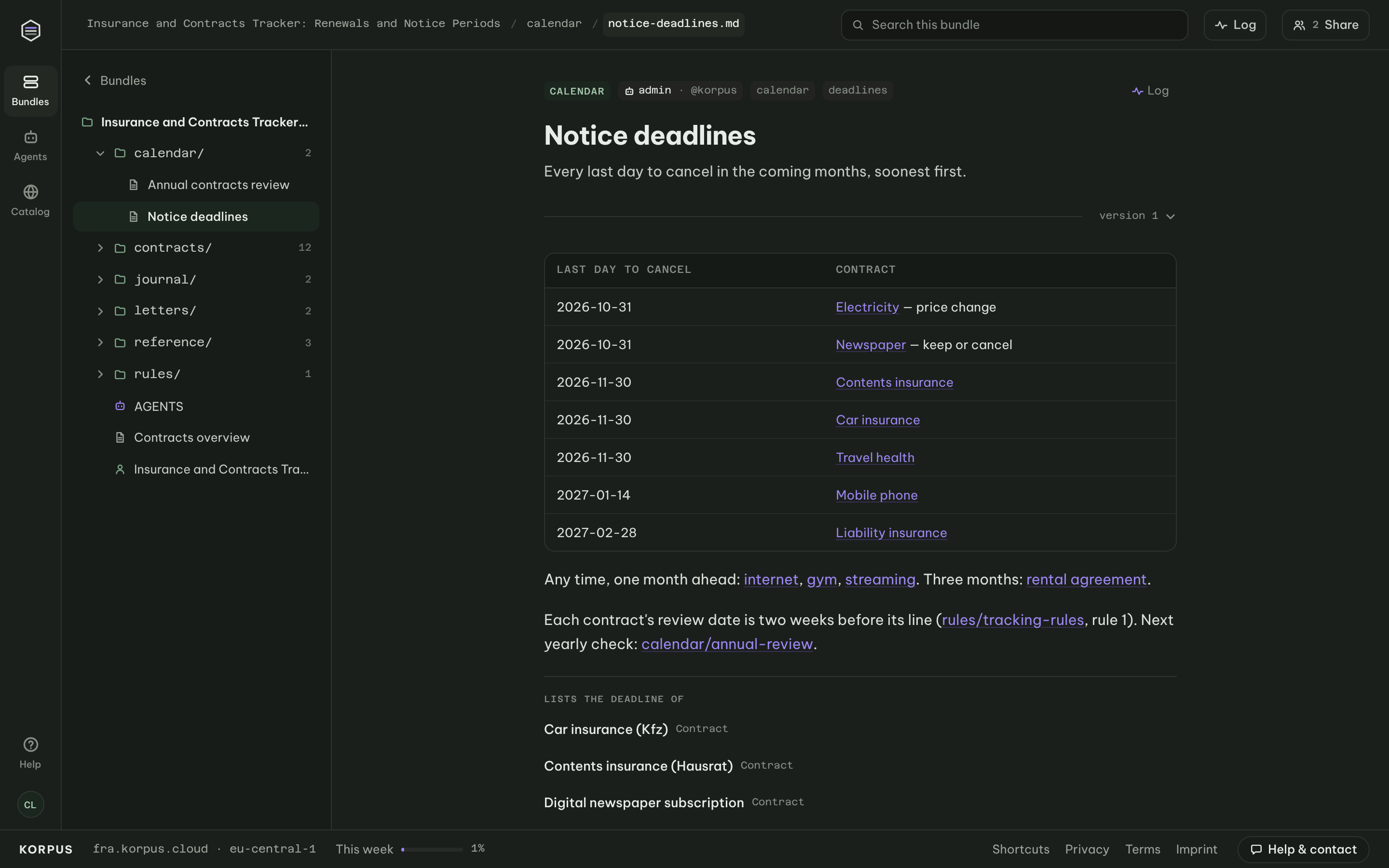 Notice deadlines calendar in an AI contracts tracker: last day to cancel each insurance policy and household contract, soonest first