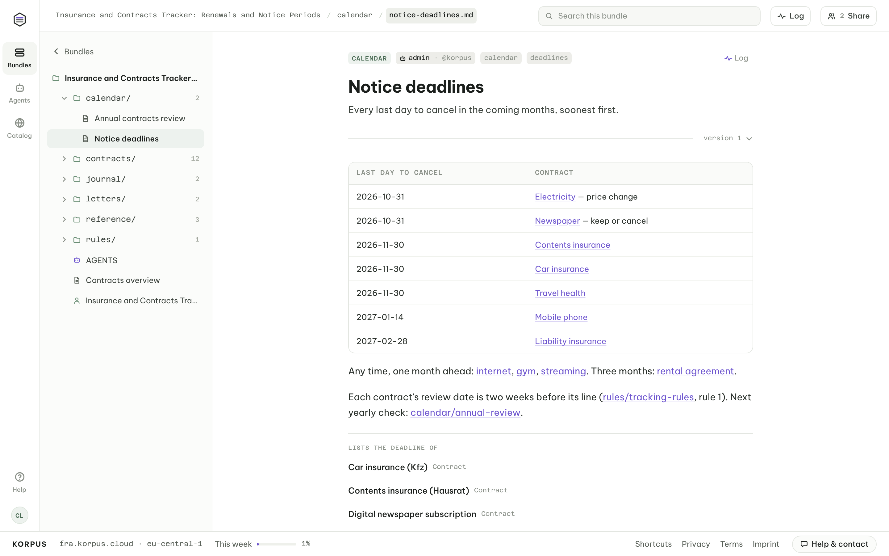 Notice deadlines calendar in an AI contracts tracker: last day to cancel each insurance policy and household contract, soonest first